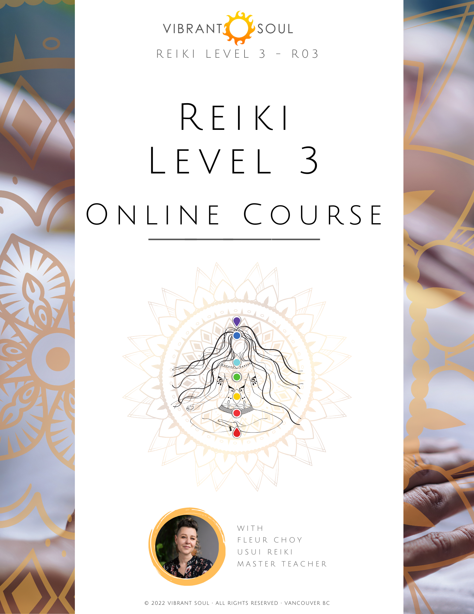 Online promotional flyer for a Reiki Level 3 course. Features a white background with an illustration of a person meditating, showing the seven chakra colors along the body's midline, surrounded by a subtle geometric mandala design. Includes a photo 