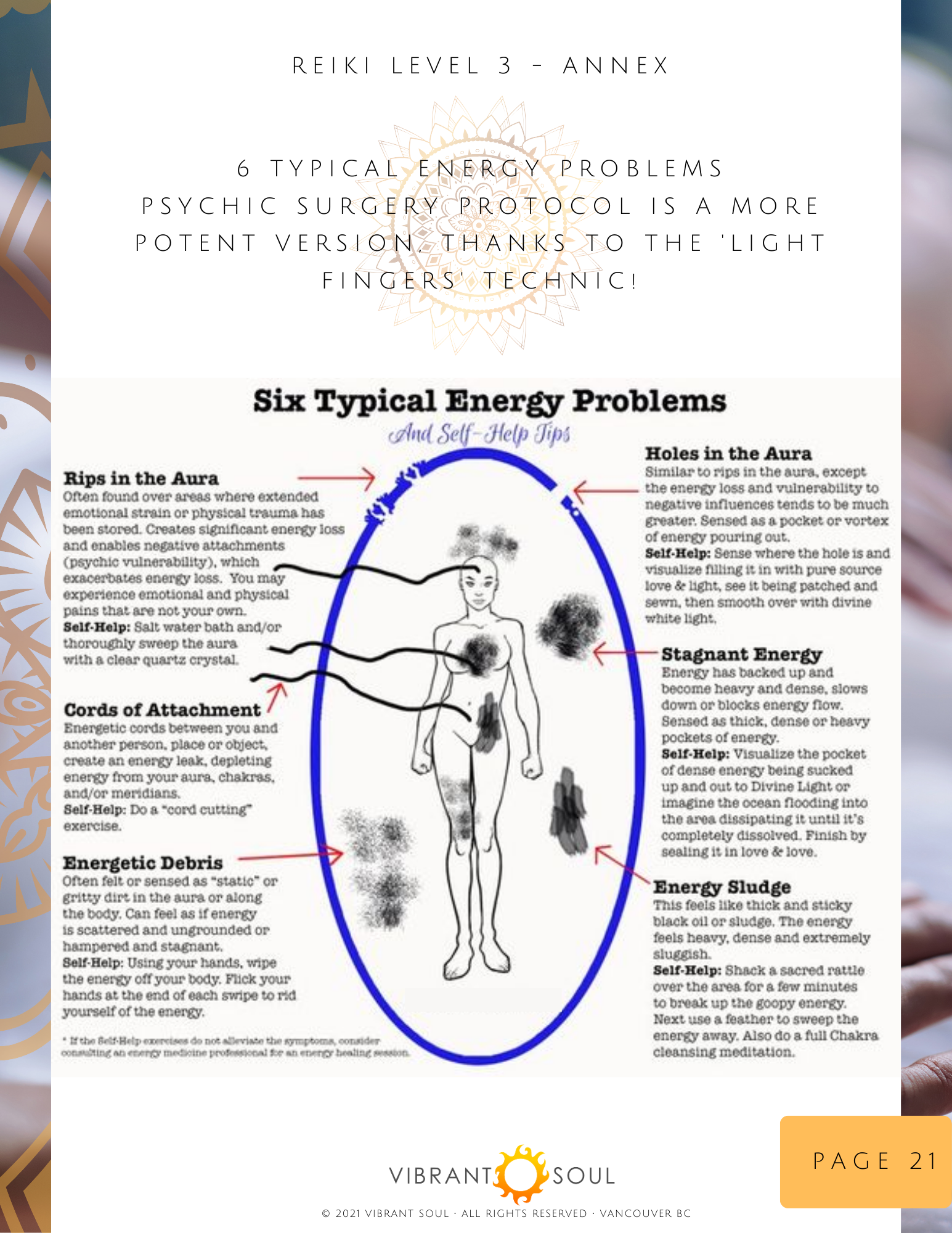 Diagram of Reiki level 3 annex with illustrations of six energy problems in the human body, including holes in the aura, stagnant energy, and energy sludge, with descriptions and self-help tips.