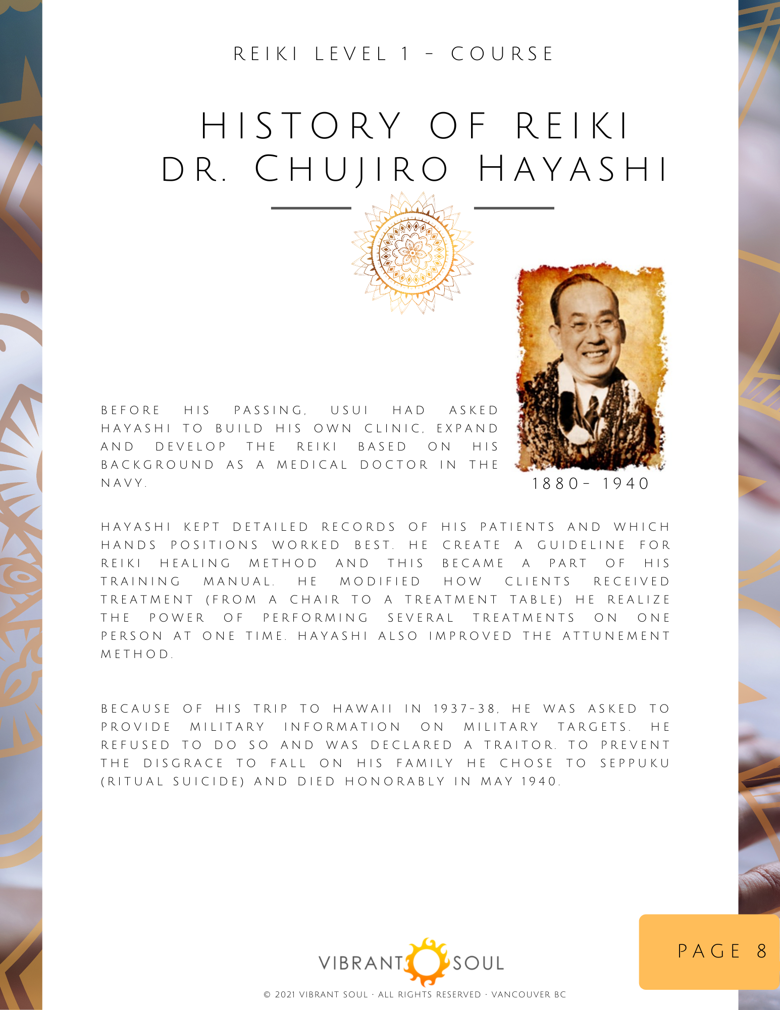 Page from a book titled 'History of Reiki Dr. Chujiro Hayashi', featuring a portrait of Dr. Hayashi, and textual background information about his contributions to Reiki, his background as a medical doctor, and his efforts during his lifetime.