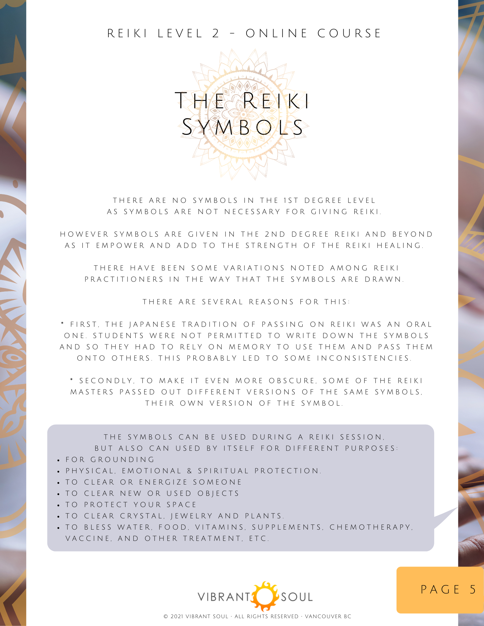 Online course page titled 'The Reiki Symbols' for level 2 Reiki. Contains informational text about Reiki symbols, their usage, and variations, with a note on the history and purposes of the symbols, and a Vibra...