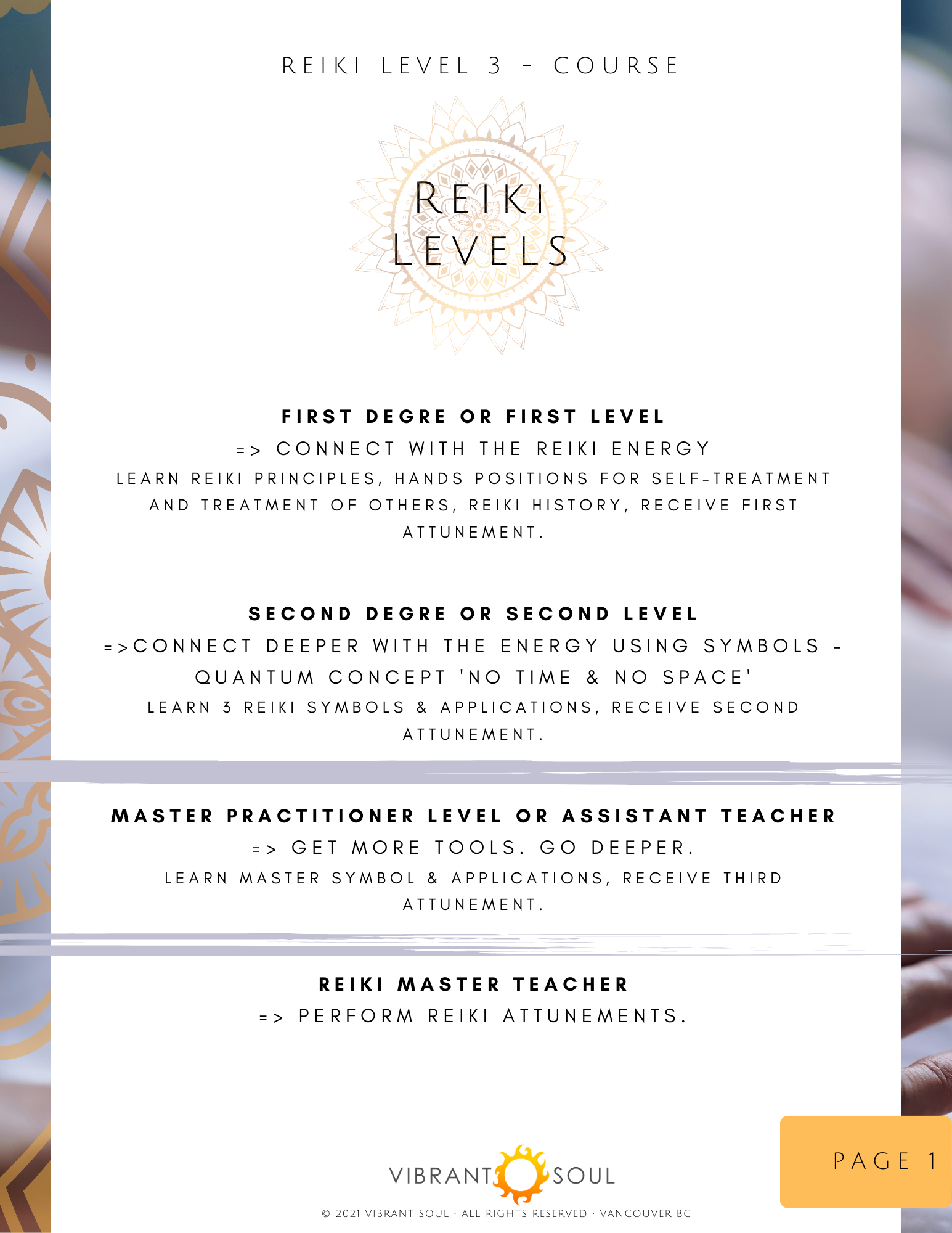 Reiki Levels course chart, showing four levels: First Degree, Second Degree, Master Practitioner, and Reiki Master Teacher, with descriptions for each level.