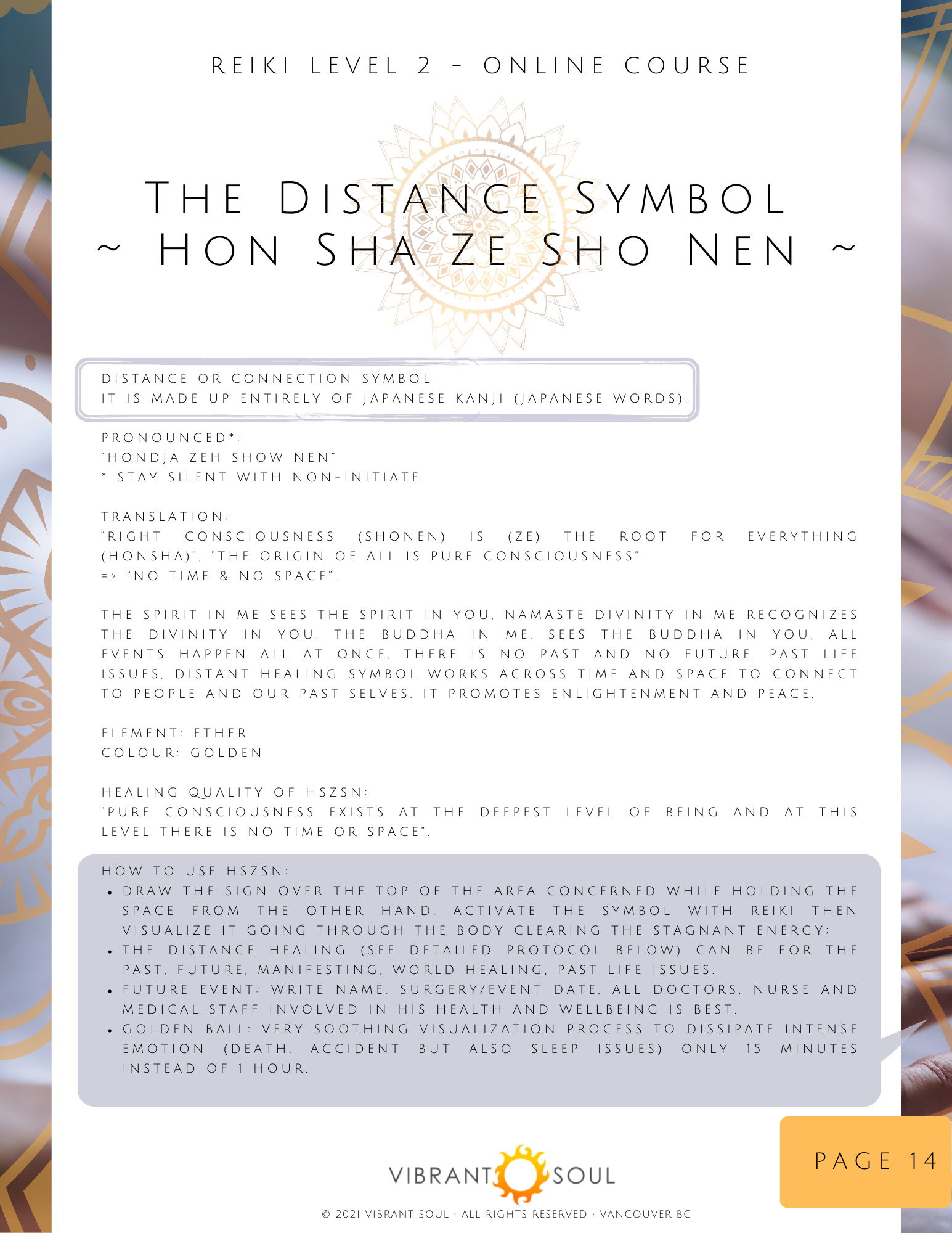 An infographic about the Reiki Level 2 online course focusing on the distance or connection symbol, which is made of Japanese Kanji. The infographic explains pronunciation, translation, symbolism, healing qualities, and usage instructions, with a vib
