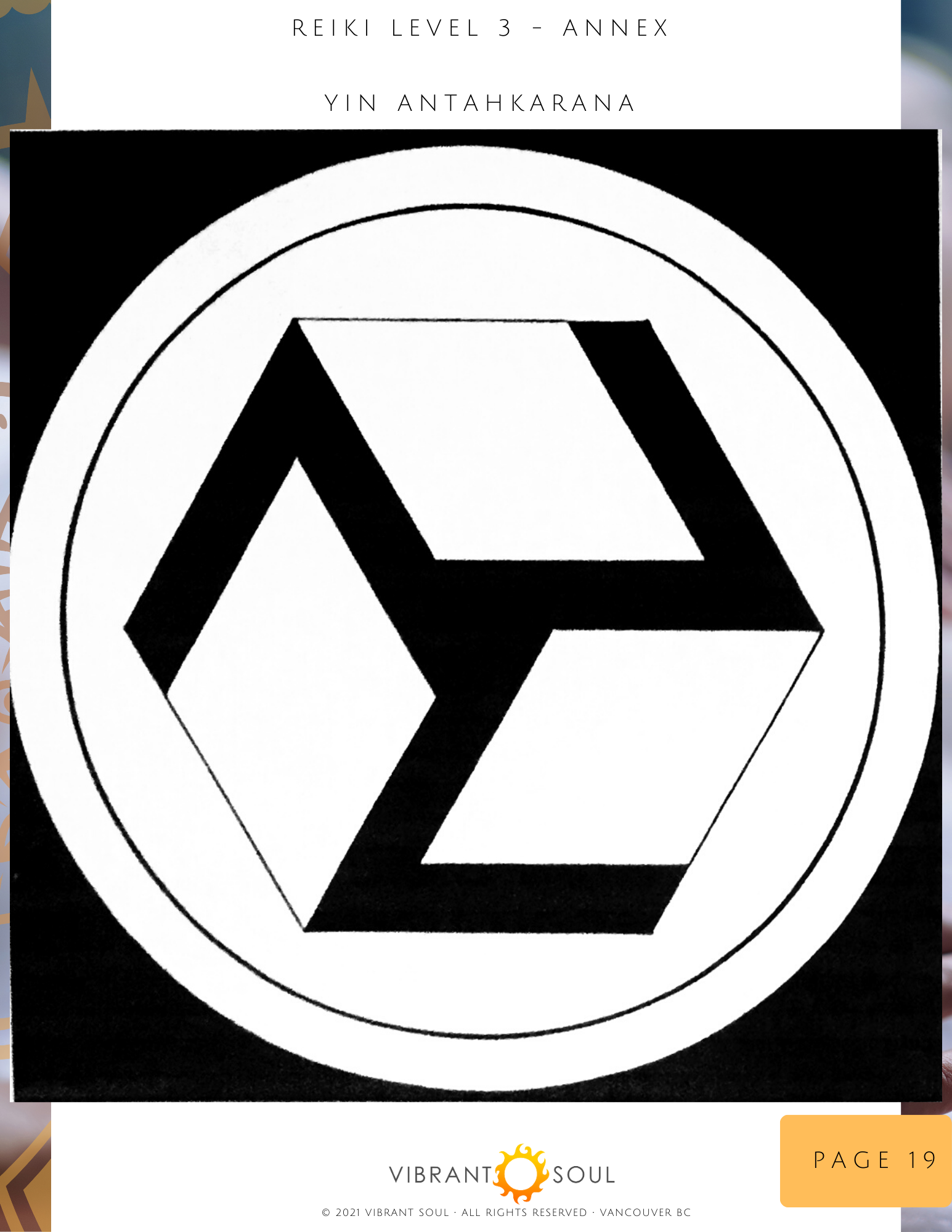 Black and white Reiki Level 3 symbol with geometric design, surrounded by concentric circles, on a black background.