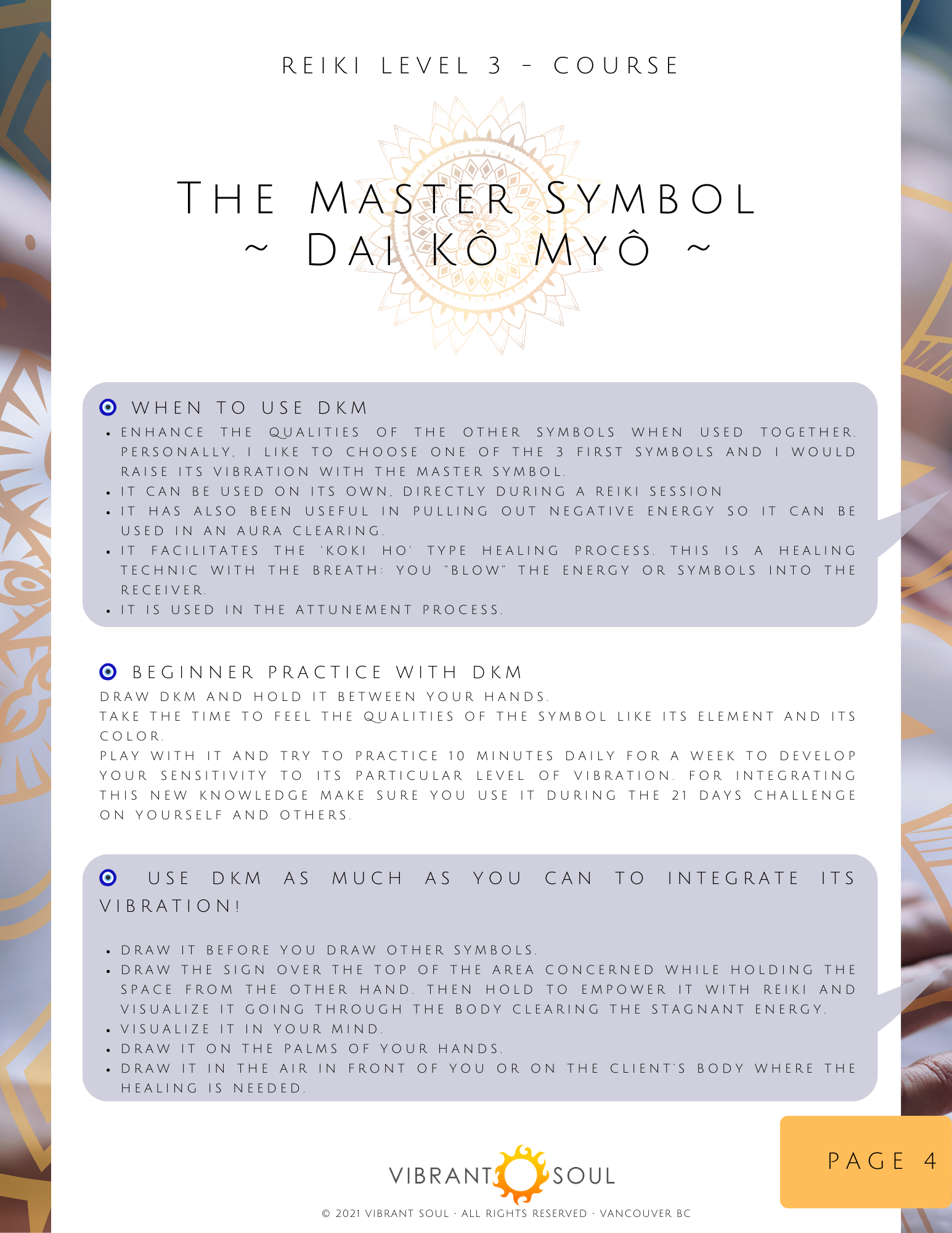 Reiki Level 3 course poster with instructions on using the master symbol Dai Kô Myô, including tips for beginners and integrating vibration into healing practices, with a background of abstract design and vibrant soul logo at the bottom.