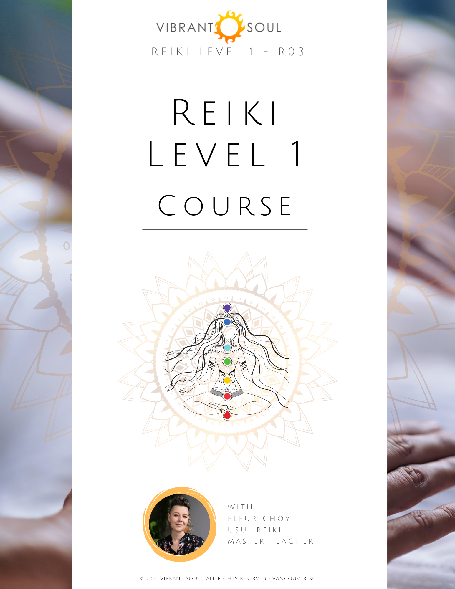 Cover of a Reiki Level 1 course pamphlet with a background of blurred hands and a design of a woman with chakras.