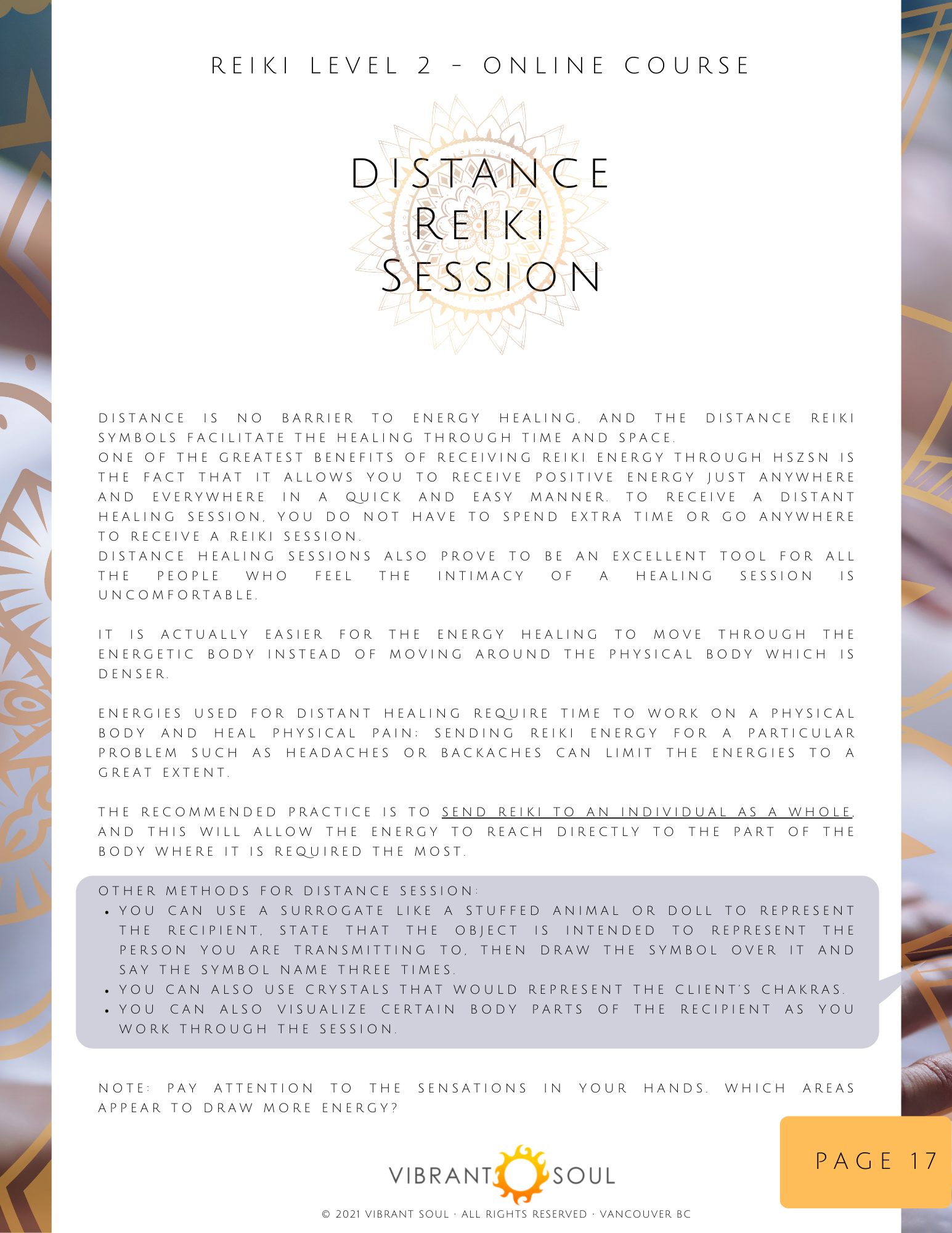 Information page titled 'Distance Reiki Session,' describing online Reiki healing practice, methods, and tips for remote energy healing, from Vibrant Soul, Vancouver BC.