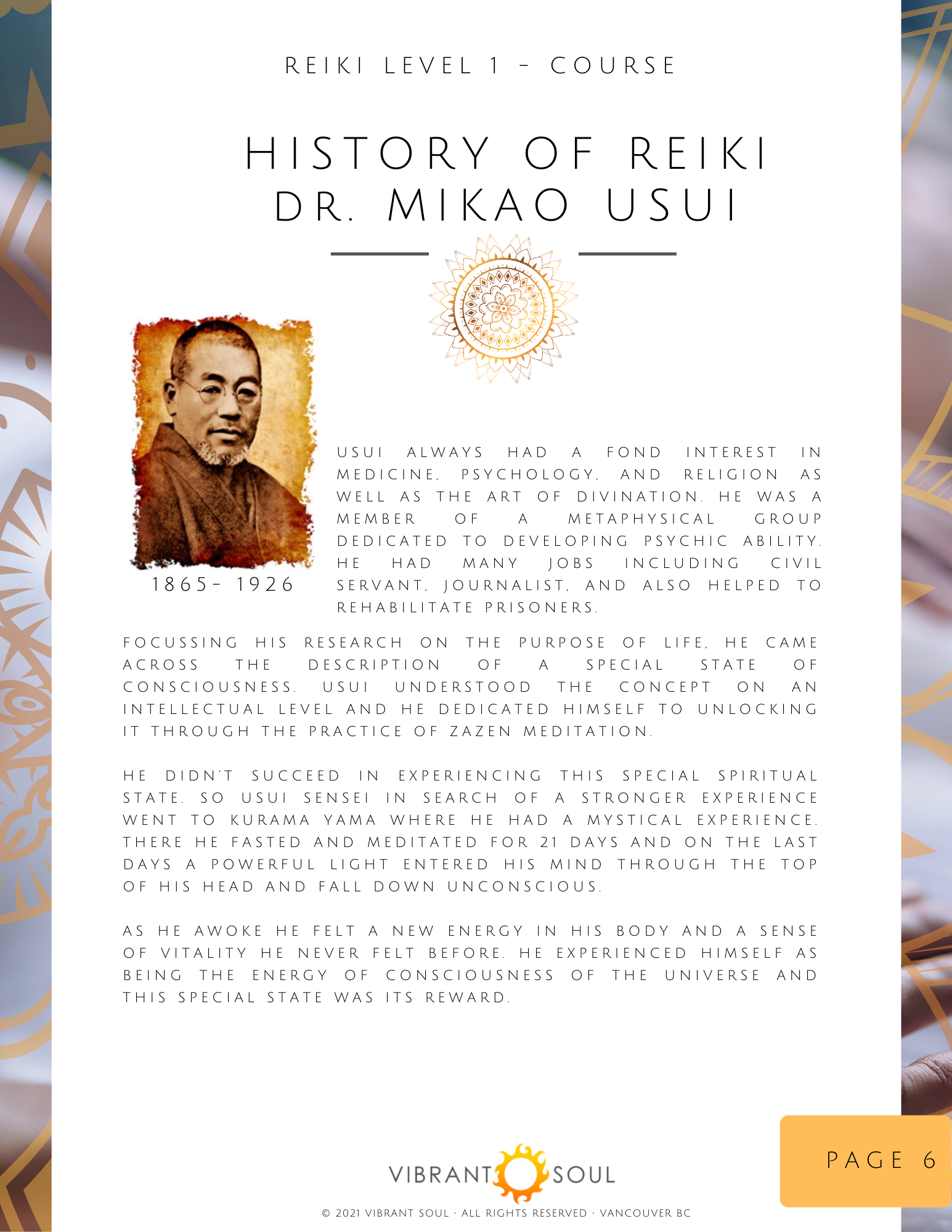 Page 6 of a course on the history of Reiki, featuring a photo of Dr. Mikao Usui, with biographical information about him and his contributions to Reiki and spiritual practices.