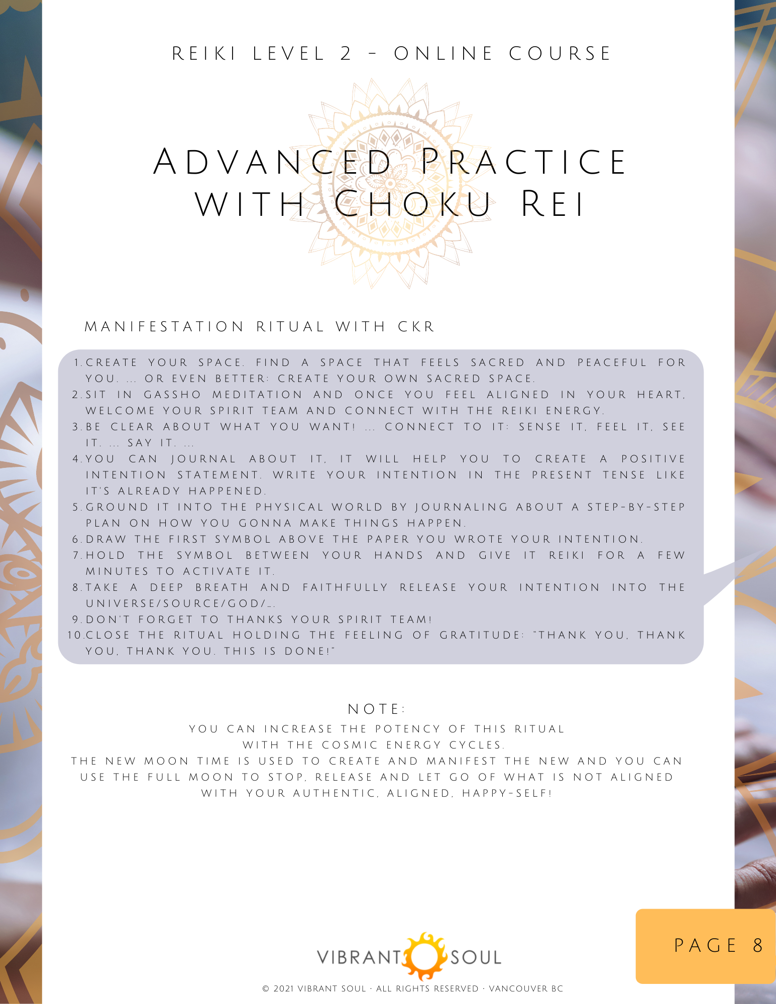 Text-based guide for advanced Reiki practice titled 'Manifestation Ritual with Choku Rei' from Vibrant Soul, Level 2 online course, page 8.