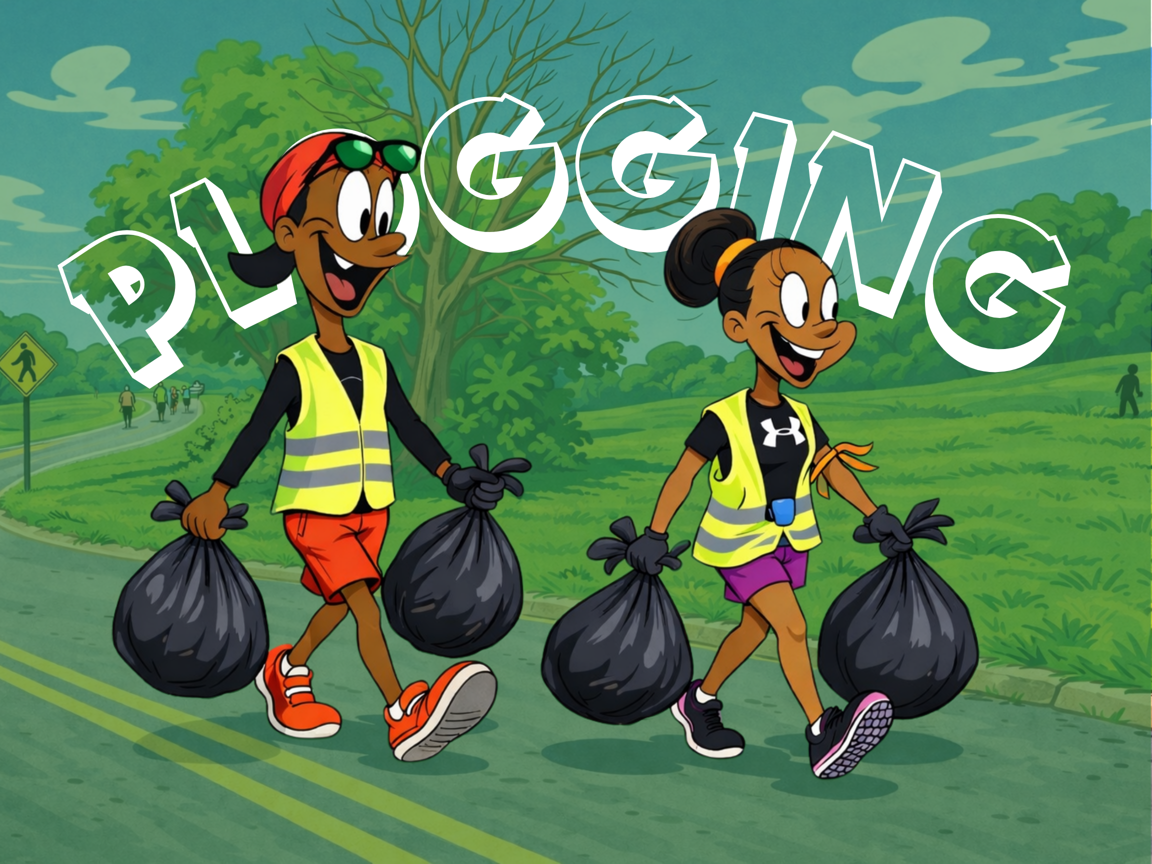 Illustration of two runners collecting bags of litter along a trail