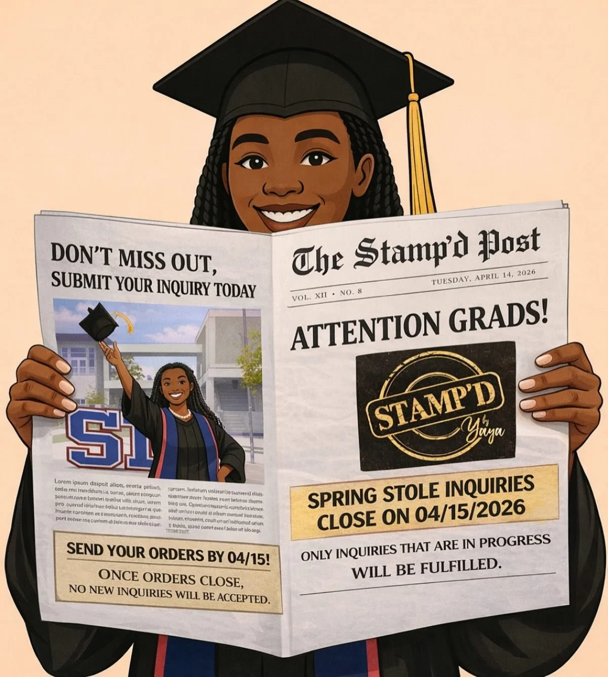 🚨 ATTENTION GRADS! 🚨
Finals are right around the corner&mdash;and so is the LAST DAY to submit your stole inquiry! 🎓✨

Don&rsquo;t miss your chance to celebrate your journey with a custom stole that represents everything you&rsquo;ve worked for. F