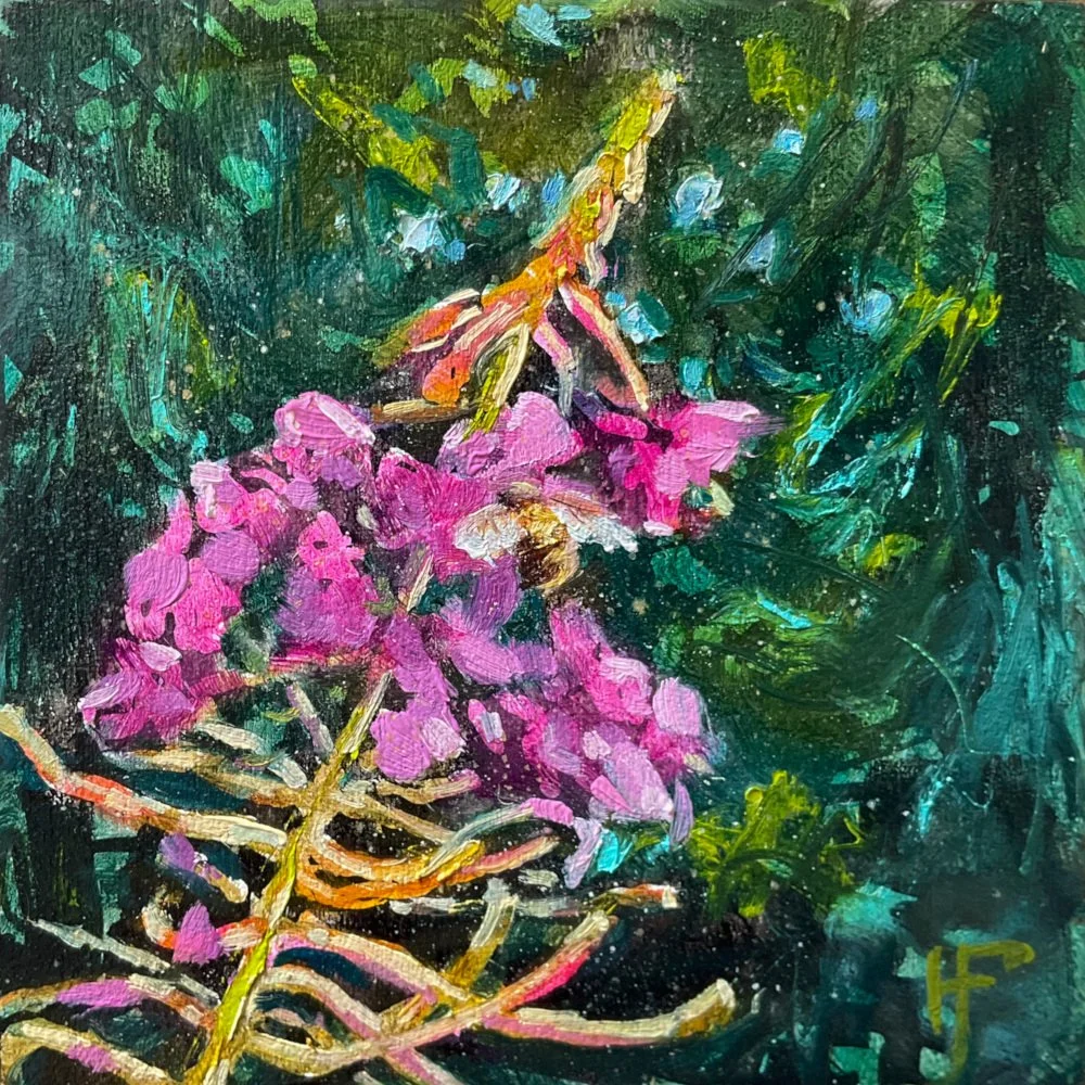 HILARY_FARMER_2026_Ink-Oil-Painting-Square_FOREST_FIREWEED_BEE.jpg