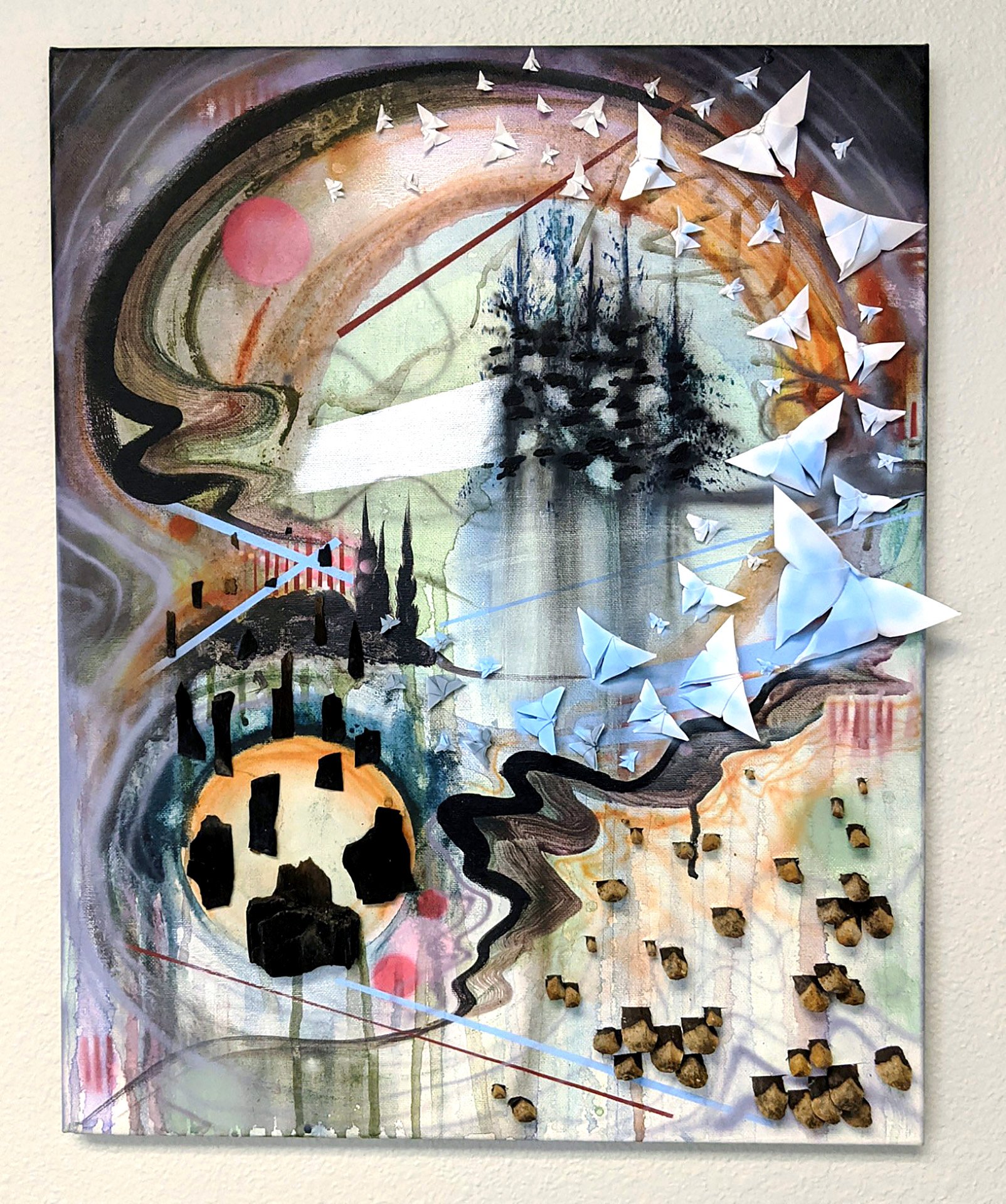 Inner Shift , acrylic, airbrush, paper, pinecone, and charcoal on canvas, 20 x 16 inches, 2020.