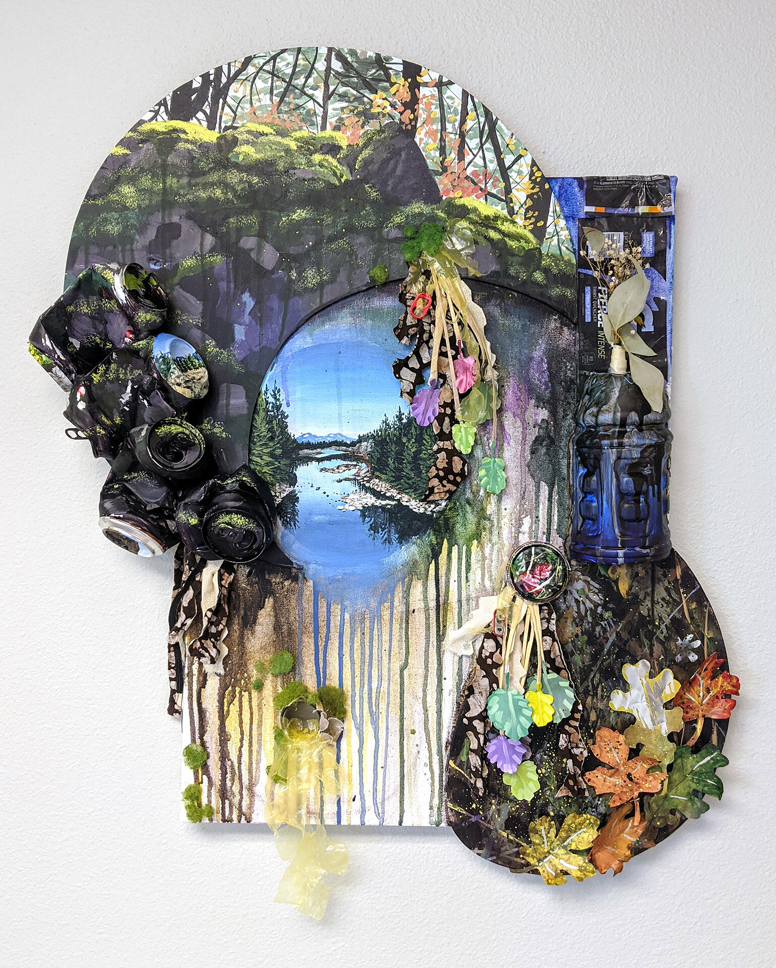 Foraged Findings , acrylic and found litter on wood and canvas, 26 x 31 x 3 inches, 2020