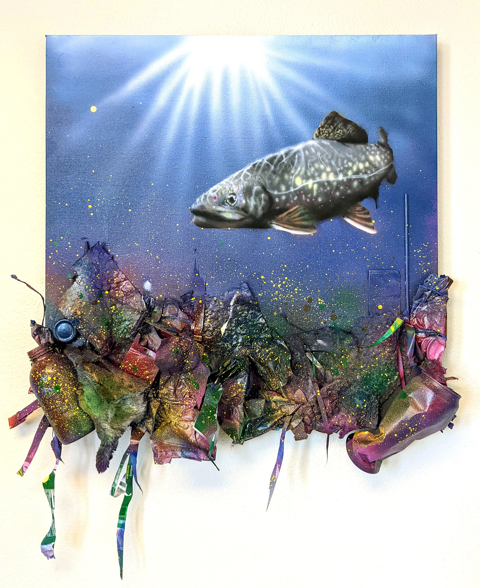 Depth , spray paint, airbrush, and found litter on canvas, 24 x 24 inches, 2020