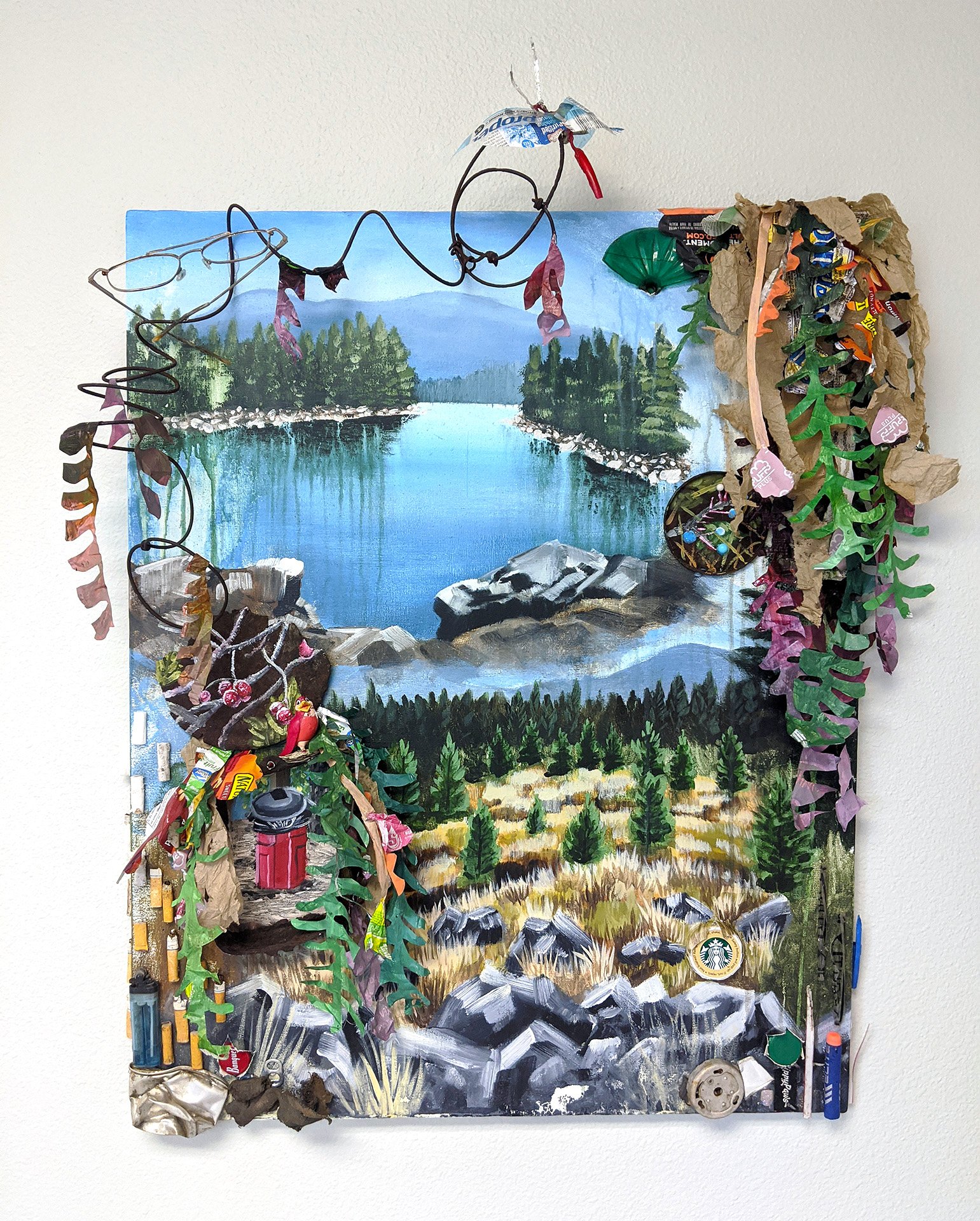 The Park , acrylic and found litter on canvas, 36 x 24 inches, 2020.