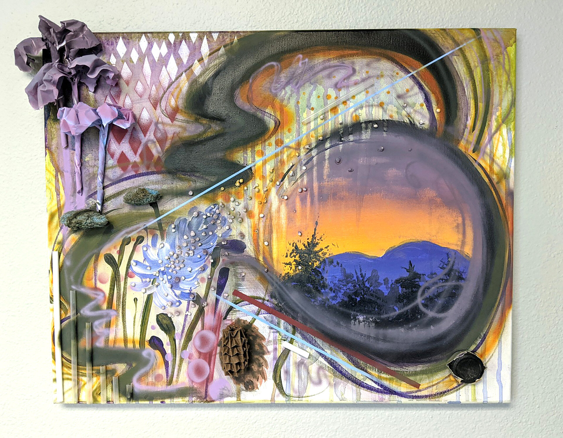 Exploration , acrylic, airbrush, and found litter on canvas, 16 x 20 inches, 2020