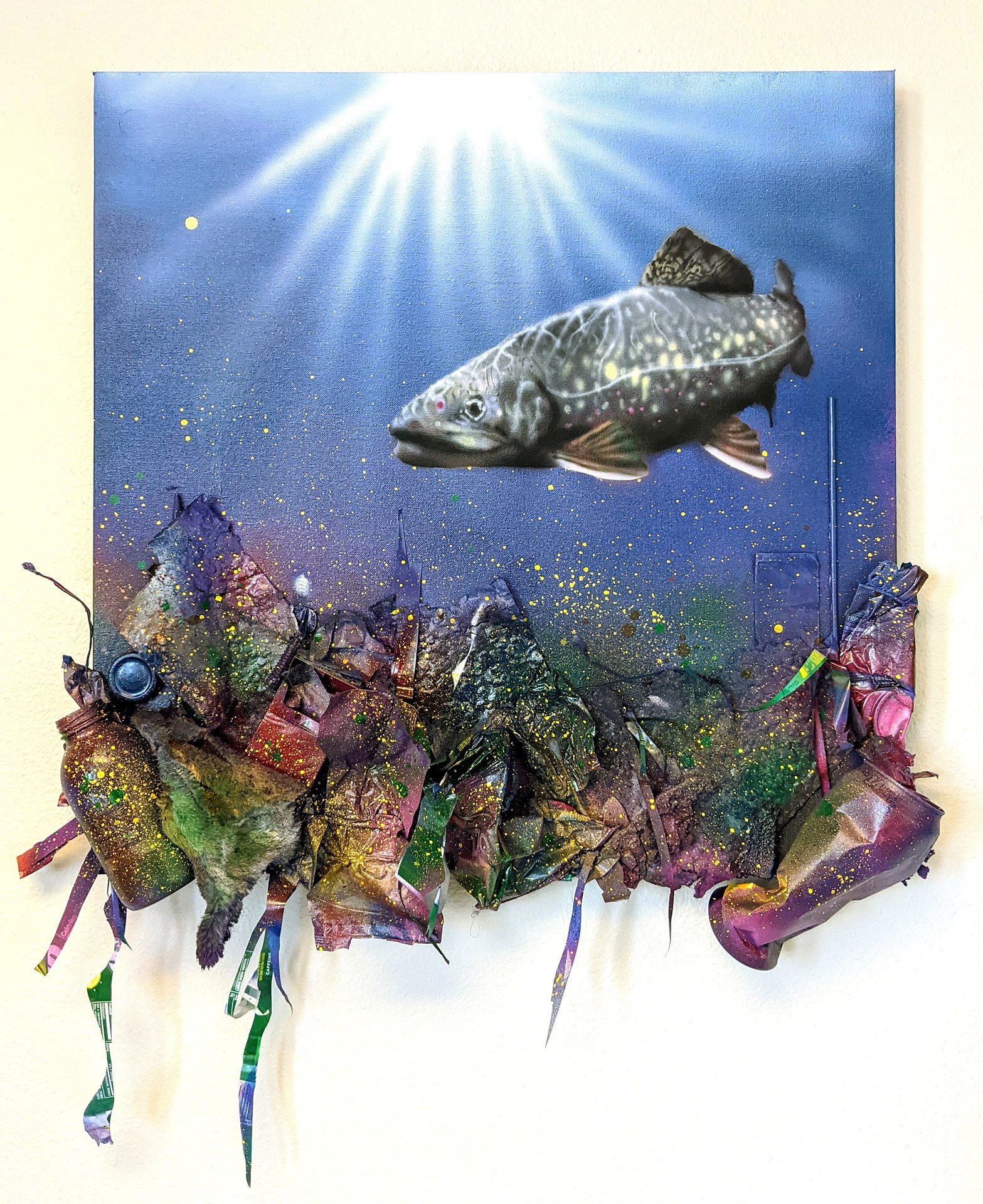 Depth , spray paint, airbrush, and found litter on canvas, 24 x 24 inches, 2020.