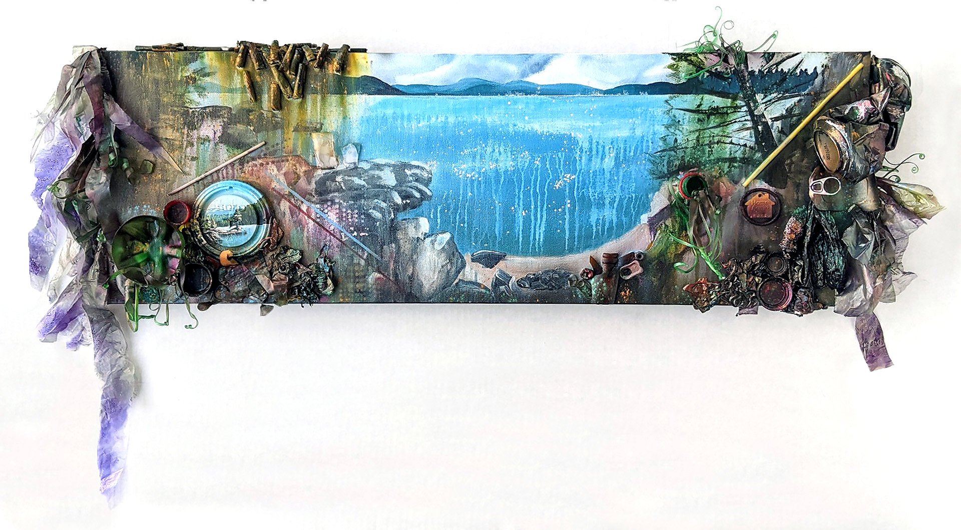 Twenty Minutes , acrylic, airbrush, found litter, and mica powder on canvas, 12.5 x 40 x 3 inches, 2020.