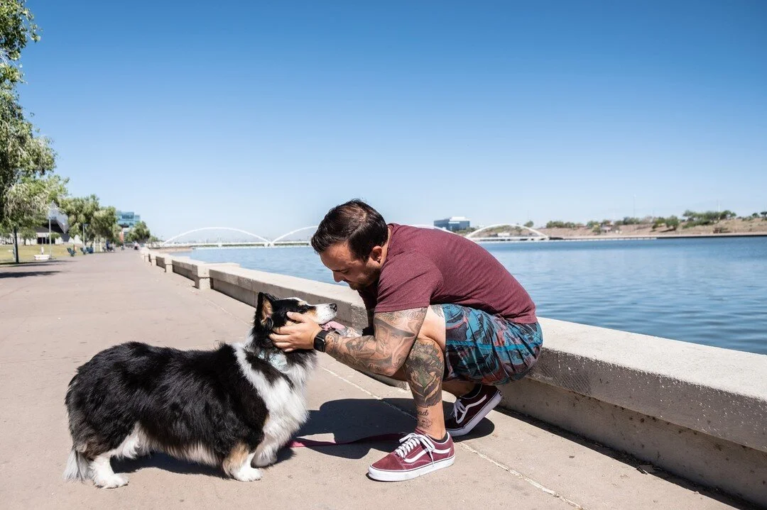 📸 Meet Michael and Cheeto! 🐾💚 Michael picked up Cheeto 14 years ago from a rescue in New Mexico, and they've been attached at the hip ever since. They've seen it all together. Cheeto's getting a little older, and though her little legs may be a li