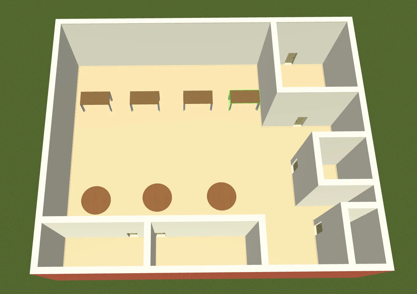 3D floor plan of a building interior with four tables and three circular rugs.