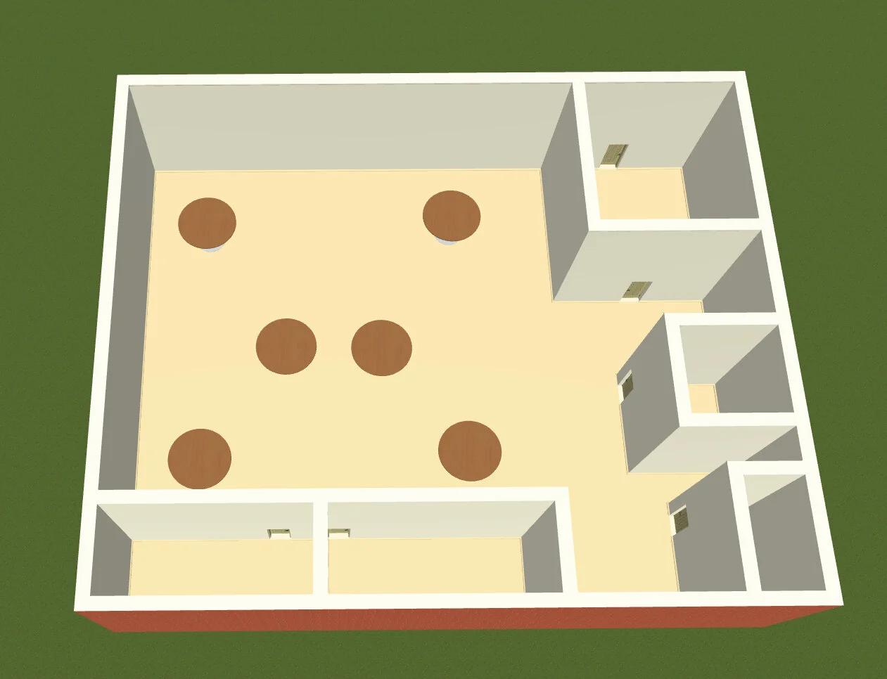 Top-down view of a building floor plan with six round tables and multiple rooms on a green background.