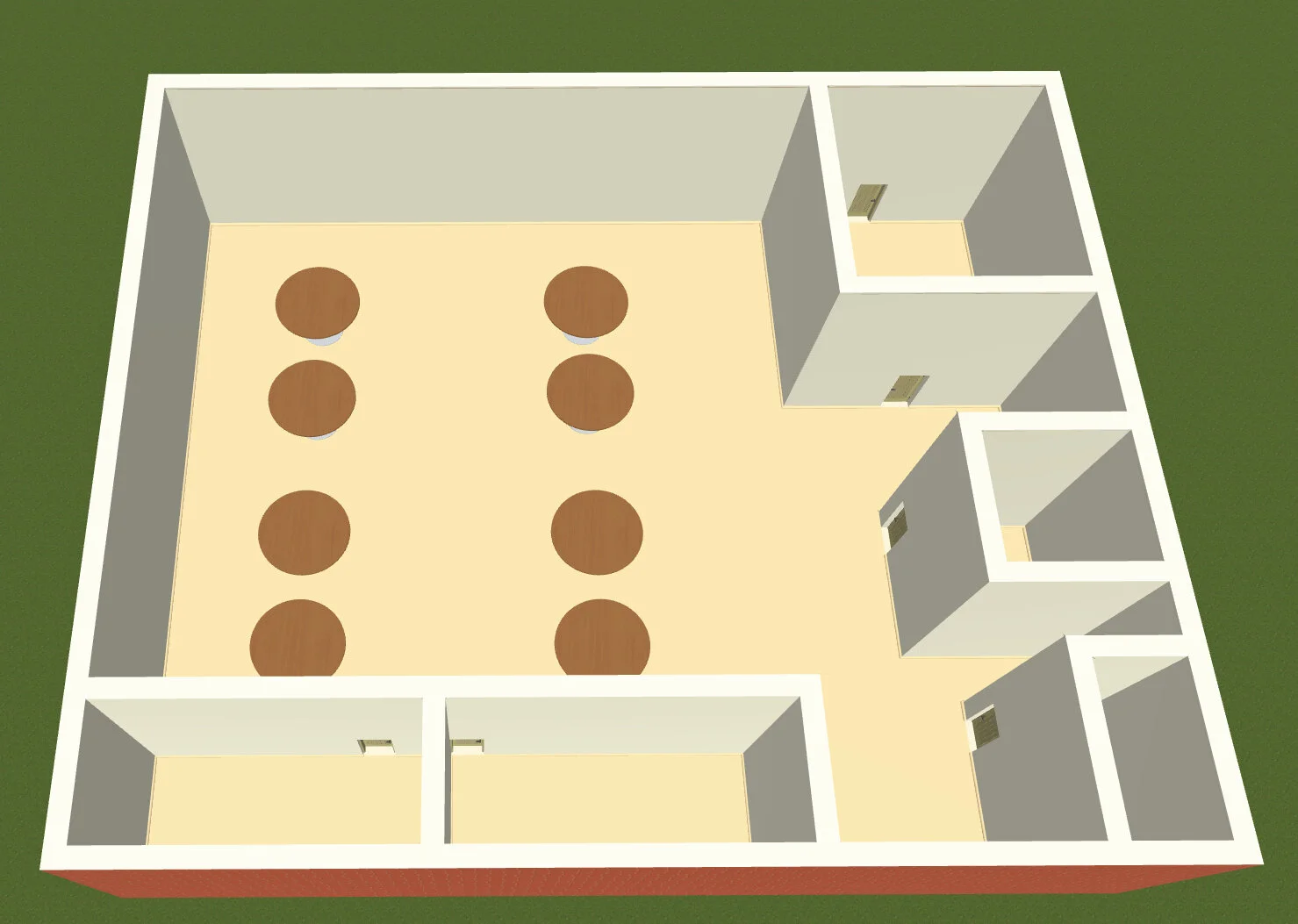 Floor plan of a building with a large room containing six round tables, and five smaller rooms with doors.