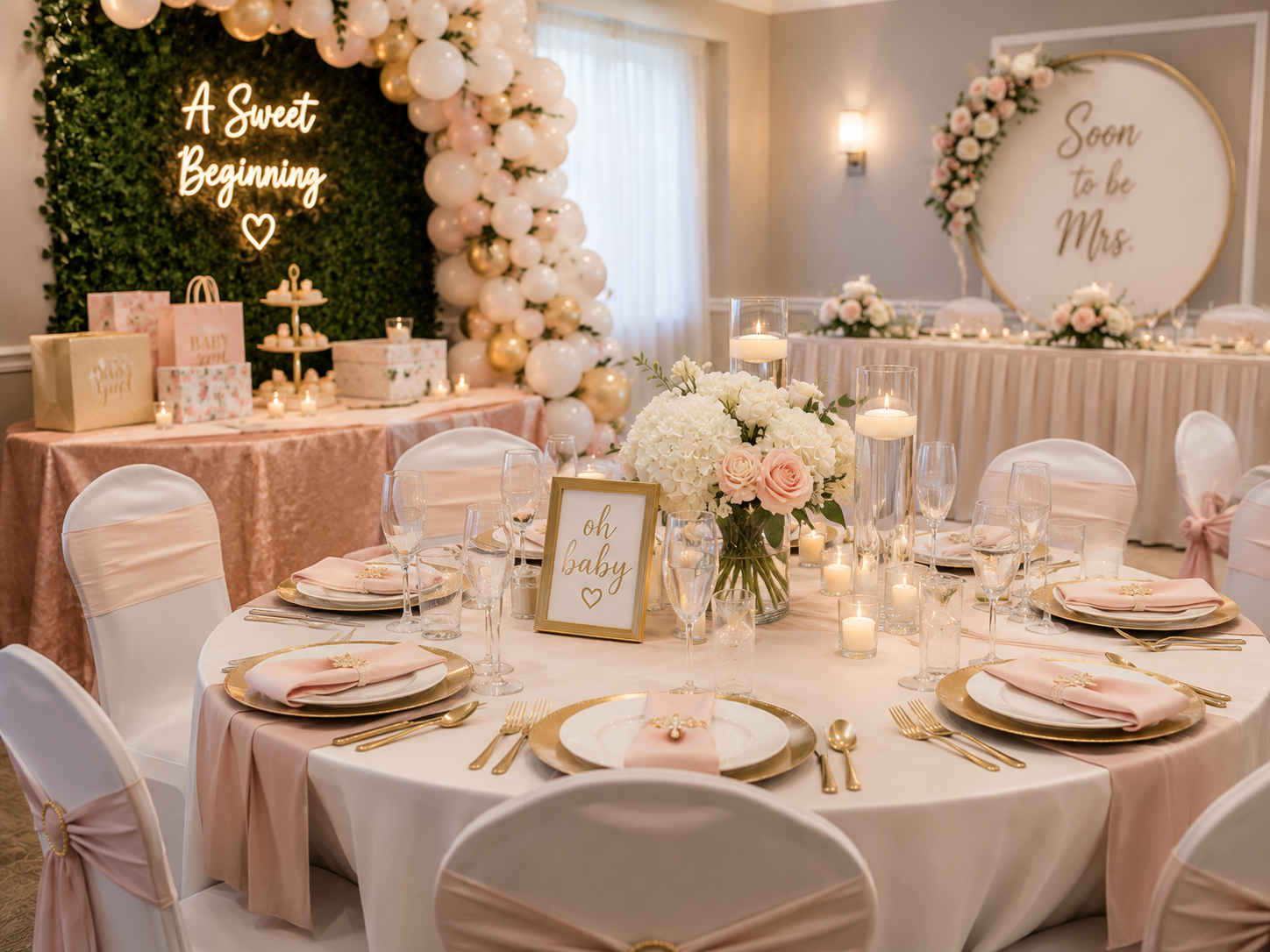 Elegant baby and bridal shower setup at A Level Up Rental Hall in Tampa with covered chairs, blush linens, floral centerpieces, balloons, and decorated backdrops.
