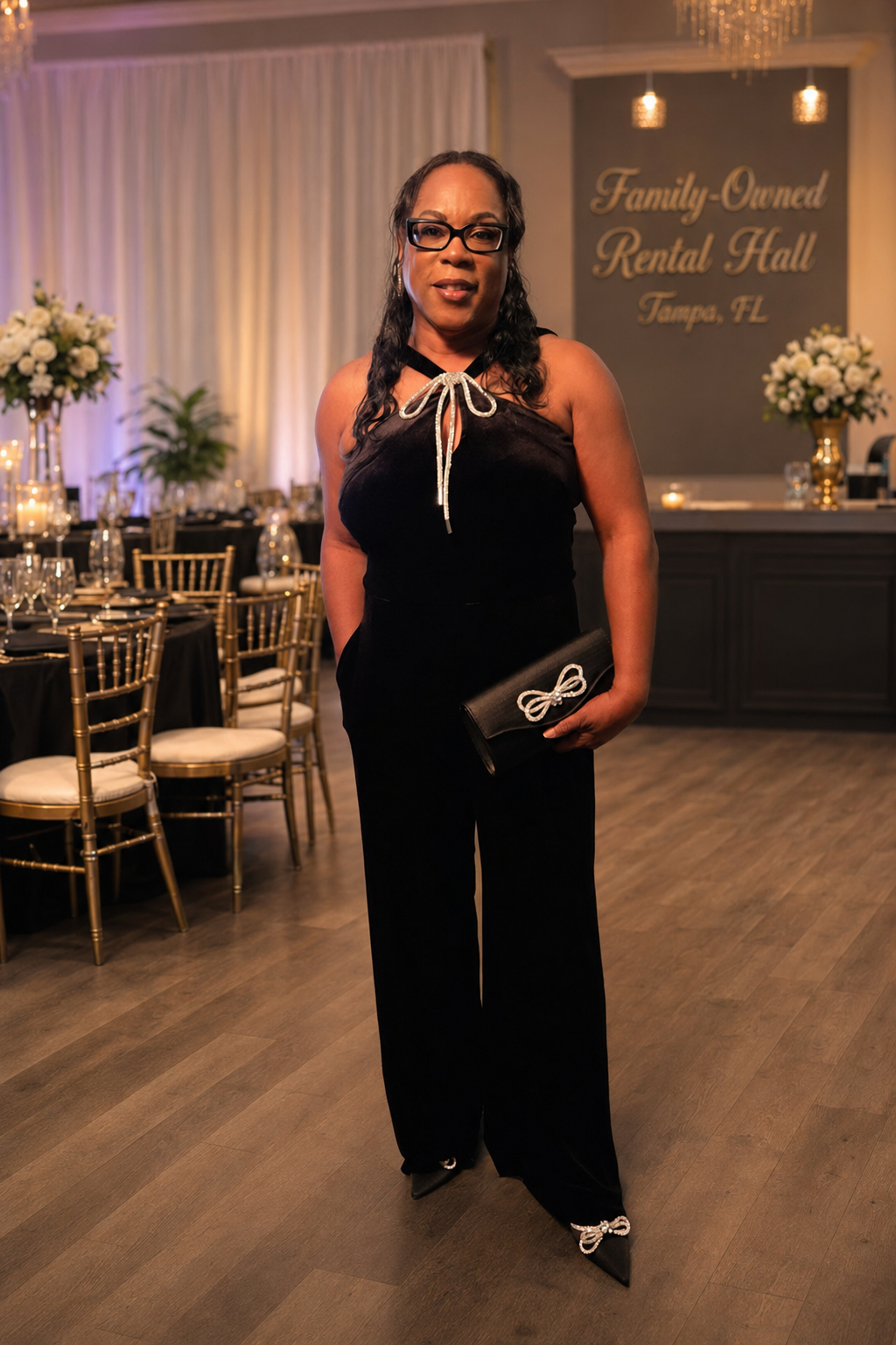 Iris Ivery, owner of A Level Up Rental Hall, standing inside the decorated Tampa event venue.