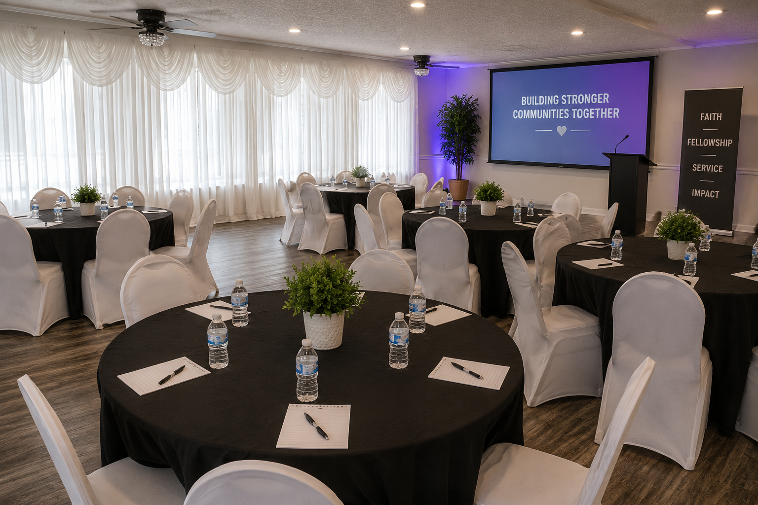 Meeting and community event setup at A Level Up Rental Hall in Tampa with covered chairs, banquet tables, presentation screen, podium, and workshop materials.