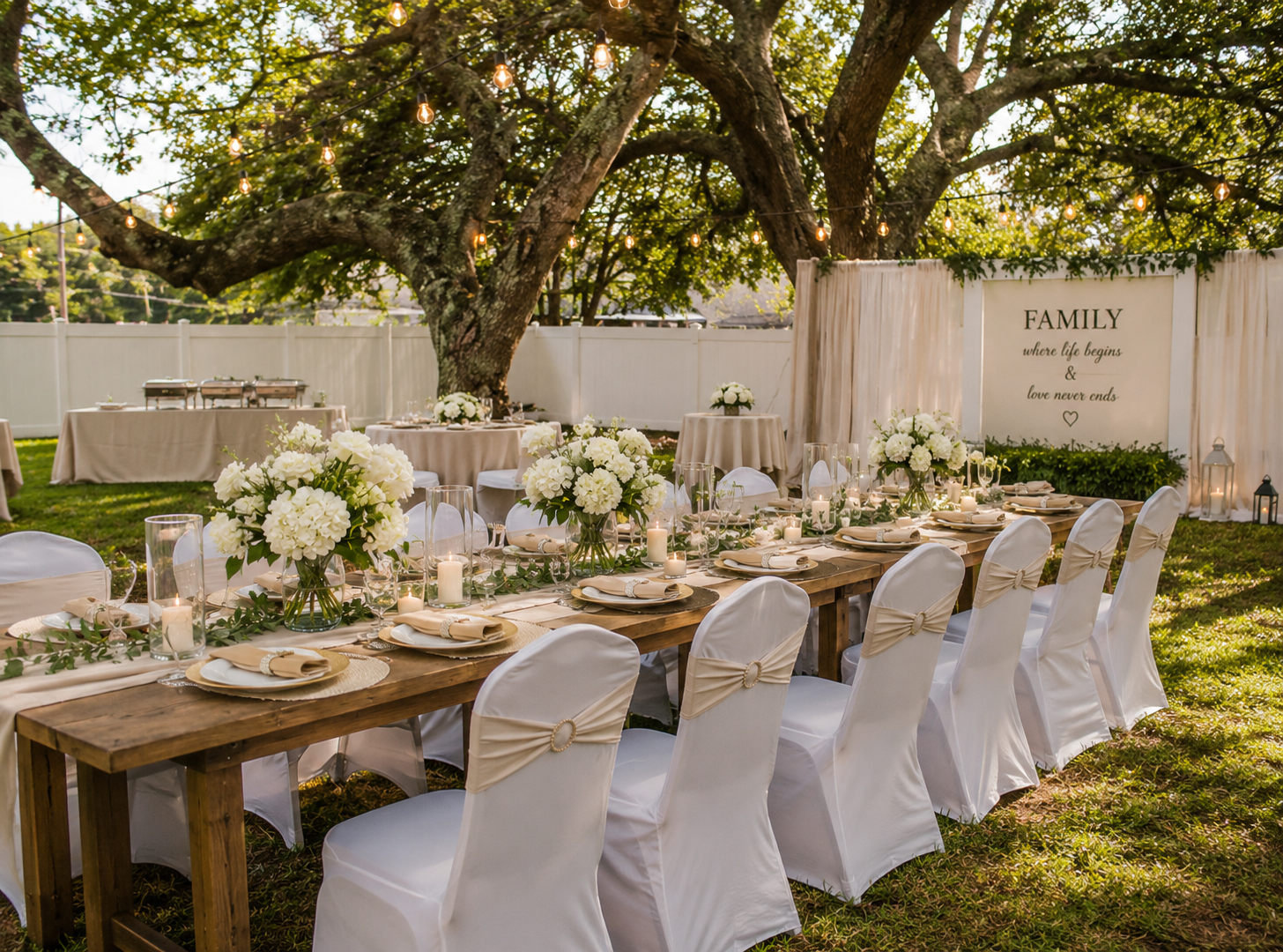 Outdoor family gathering at A Level Up Rental Hall in Tampa with covered chairs, decorated tables, floral centerpieces, and string lights beneath mature trees.