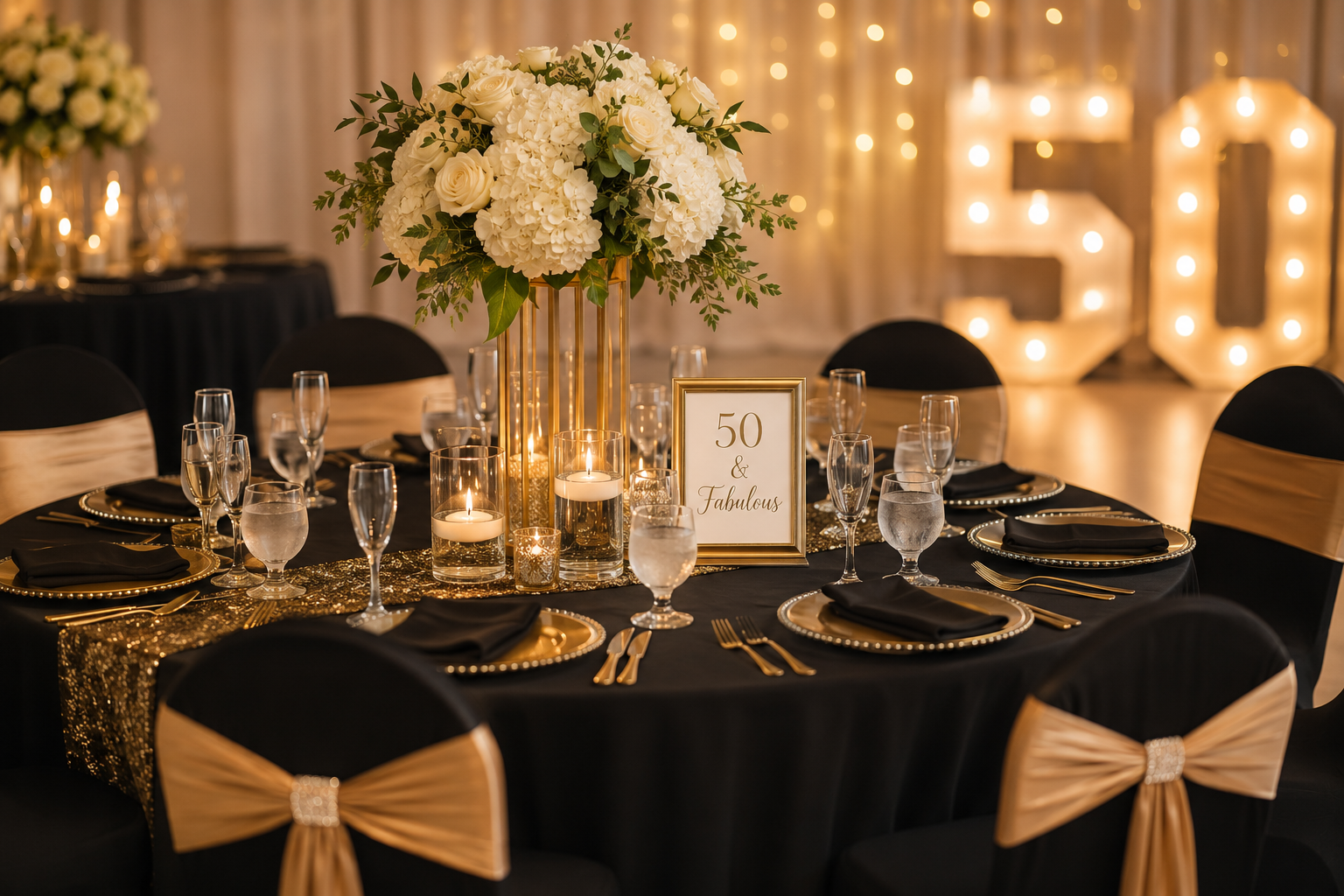 Elegant 50th birthday celebration setup at A Level Up Rental Hall with covered chairs, black and gold table decor, candles, and floral centerpieces.