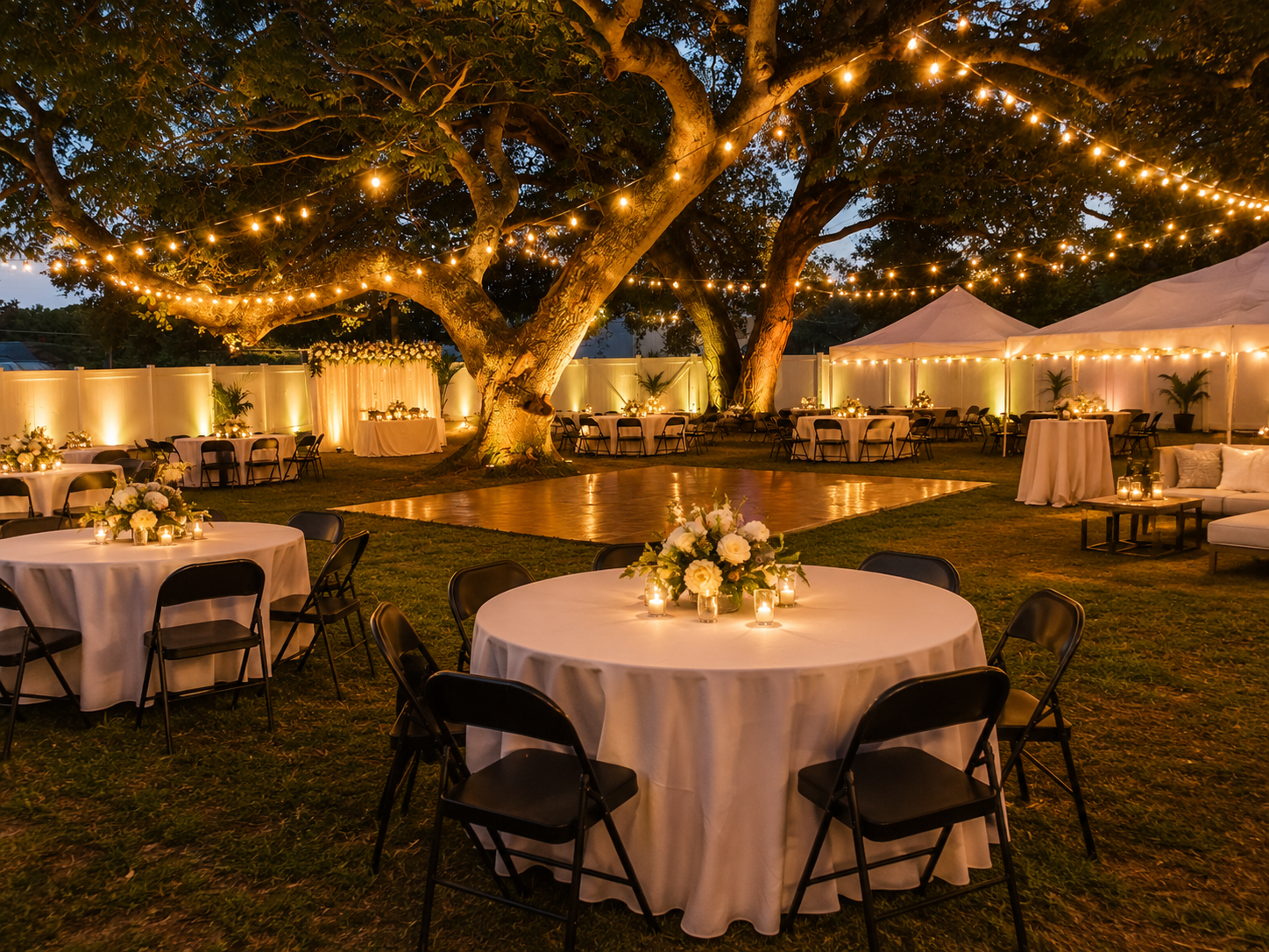 Outdoor event space decorated with string lights and floral centerpieces, featuring round tables with white tablecloths, black chairs, and a dance floor surrounded by trees and tents.