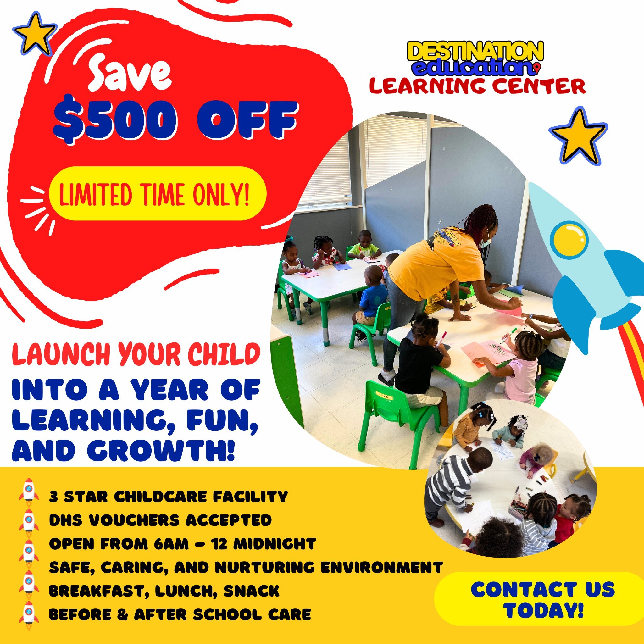 🚀 Launch your child into learning, fun, and growth this year! ✨ 
.
For a limited time, we're offering an exclusive $500 OFF enrollment! 🎉 Secure your child's spot today! 
.
Act fast, this offer won't last! Contact us today! 📞
.
.
.
#memphischildca