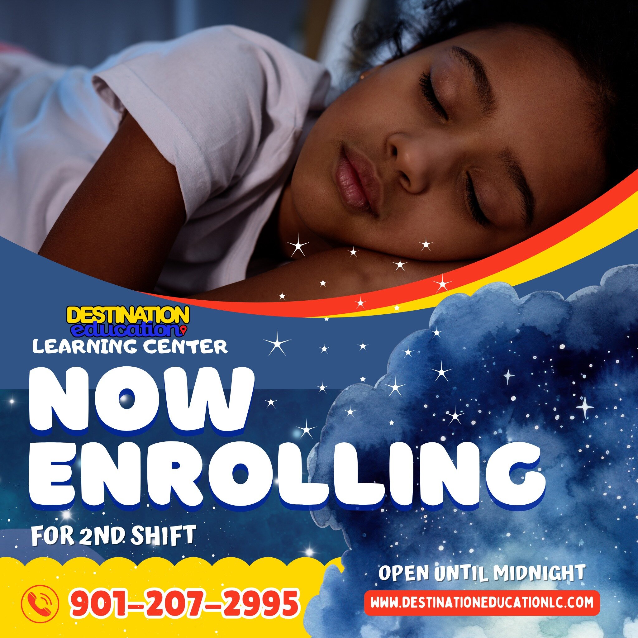 Calling all 2nd Shift parents! 
.
We're thrilled to announce that Destination Education is now enrolling for our second shift. 
.
Have peace of mind knowing that your little one is safe, secure, and receiving exceptional care and education until midn