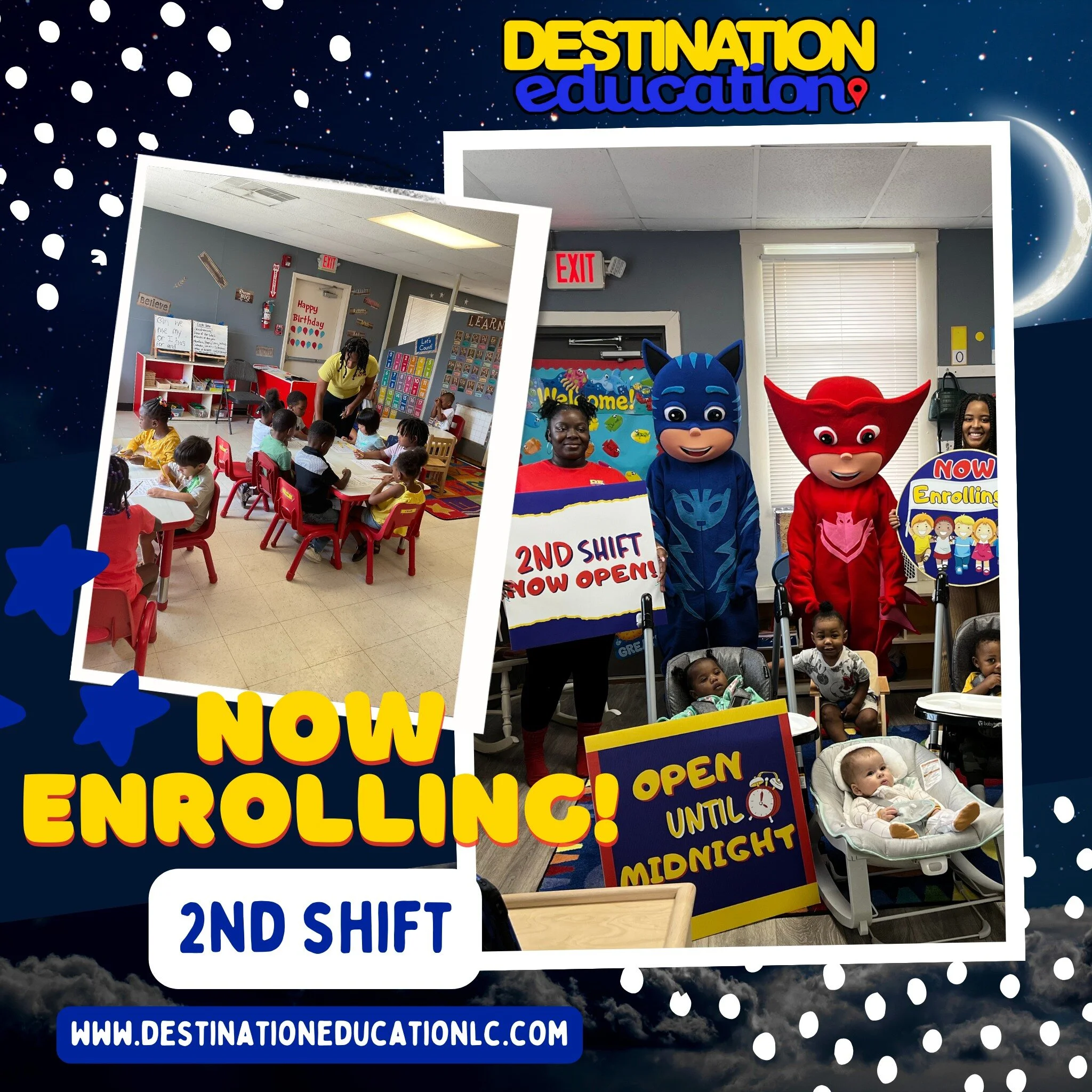 π Working late? We've got you covered! 
.
π Destination Education is thrilled to announce that we're now enrolling for the second shift, ensuring a safe and nurturing environment for your child, no matter your working hours. Discover peace of mind