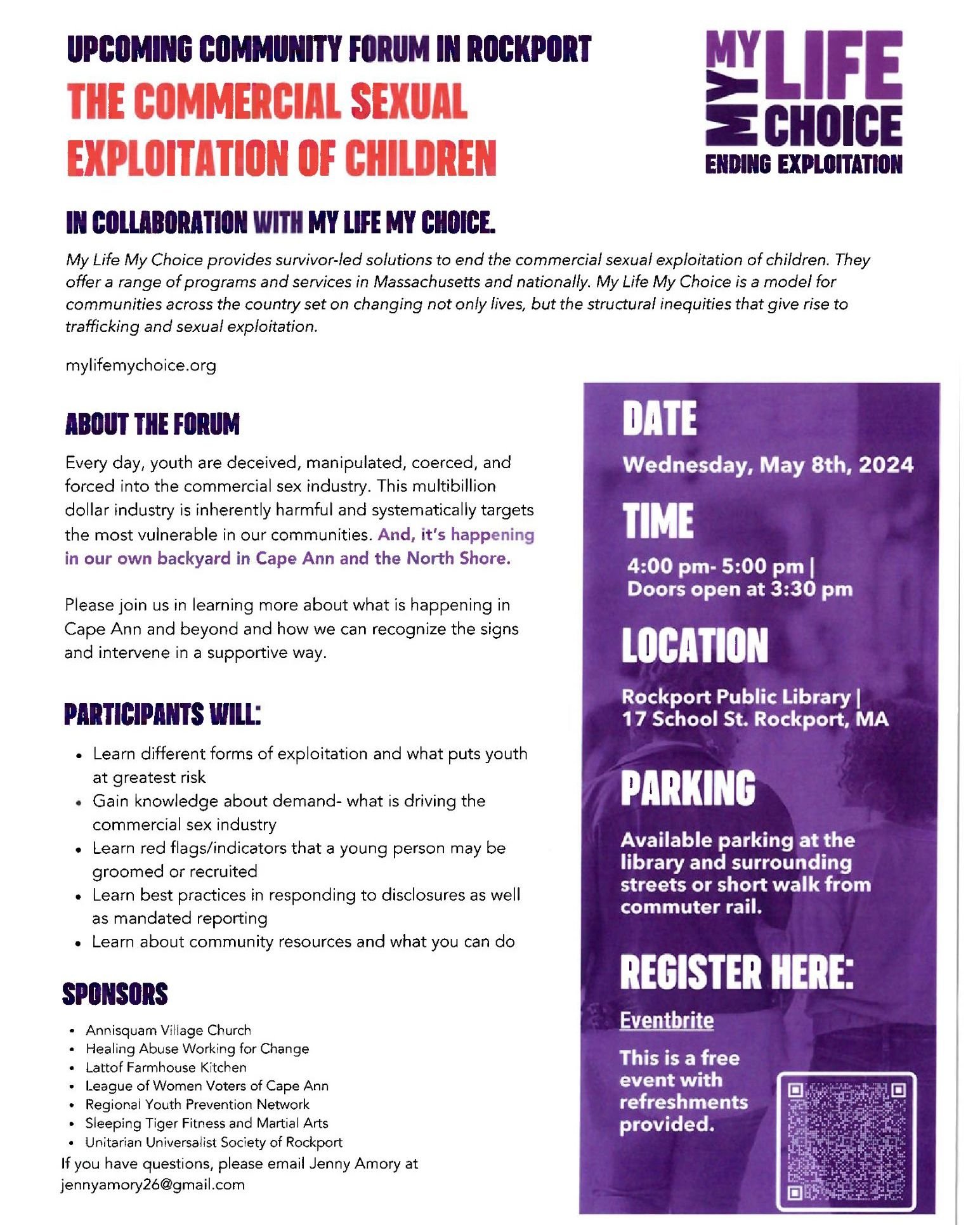 Register here: https://www.eventbrite.com/e/community-forum-in-rockport-the-commercial-sexual-exploitation-of-children-tickets-830369667027?aff=oddtdtcreator