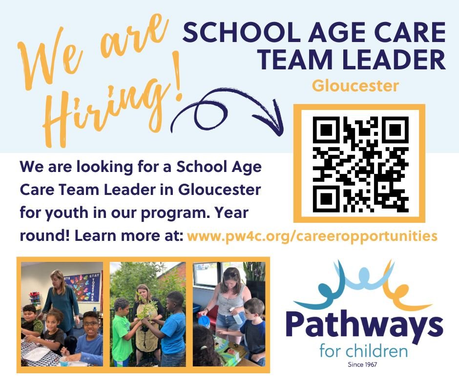 We are looking for a School Age Care Team Leader! Visit https://www.pw4c.org/career-opportunities to learn more.

#PathwaysforChildren #gloucesterma #wearehiring #employmentingloucester #schoolagecare #teacher