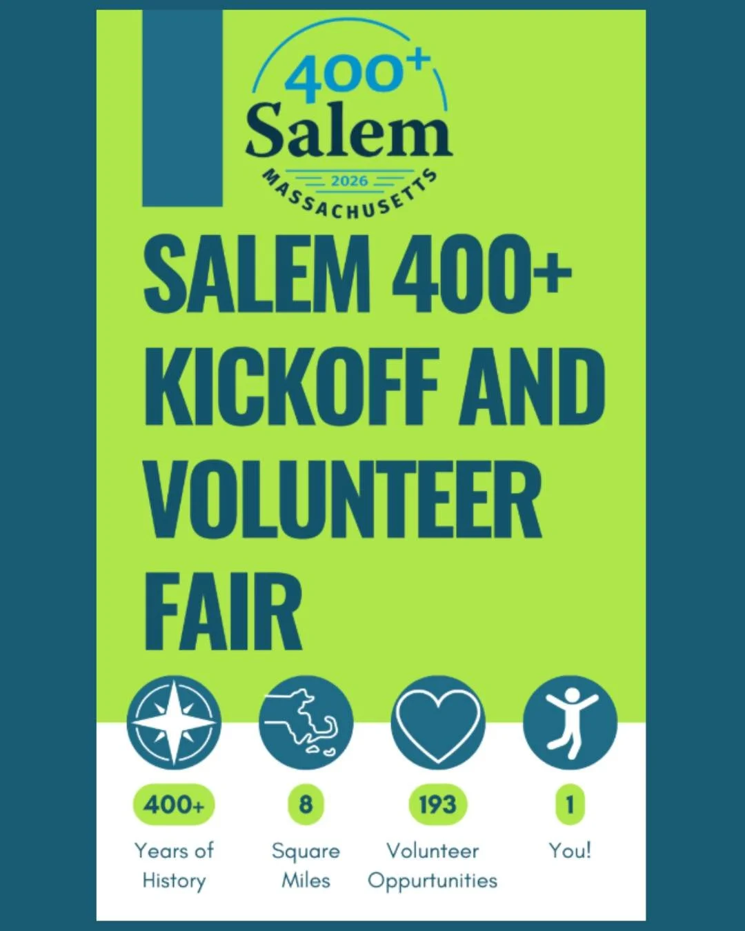 🔥 Salem's 400th anniversary celebration kicks off January 10th and you're invited!

Join us at Salem High School for the FREE Salem 400+ Kickoff Party: ✨ Fire pits &amp; ice mosaics ☕ Free hot cocoa &amp; s'mores 🍽️ Free food by SHS Culinary Arts s