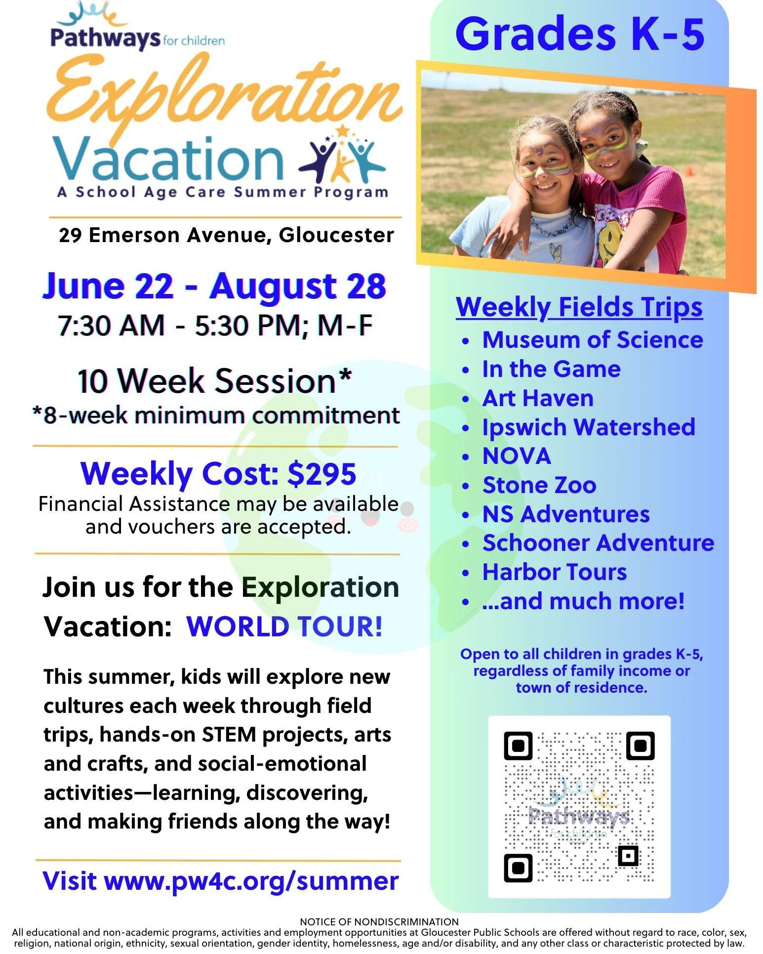 Pack your bags&mdash;Exploration Vacation: WORLD TOUR is coming to Pathways in Gloucester! 🌍

Our full-day summer program for kids in grades K&ndash;5 from communities throughout Cape Ann and the North Shore runs June 22&ndash;August 28 (10 weeks, m