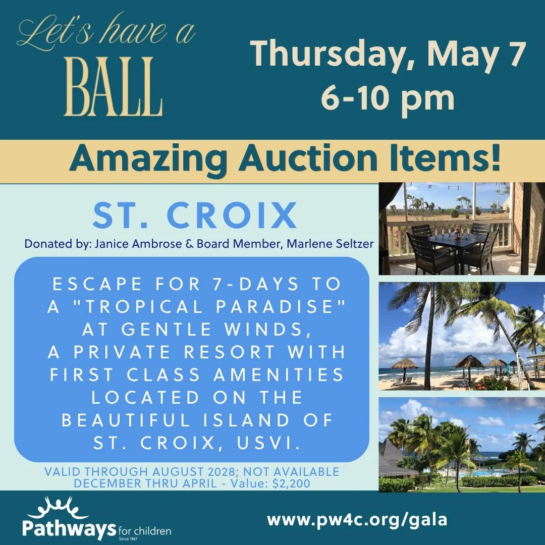 The Let's Have a Ball Gala is just two weeks away!

Check out one of our incredible Auction items donated by Janice Ambrose &amp; Board Member, Marlene Seltzer - 7 DAYS IN ST. CROIX! 🌊🏖️🌴

Gala tickets are still available -visit pw4c.org/gala for 