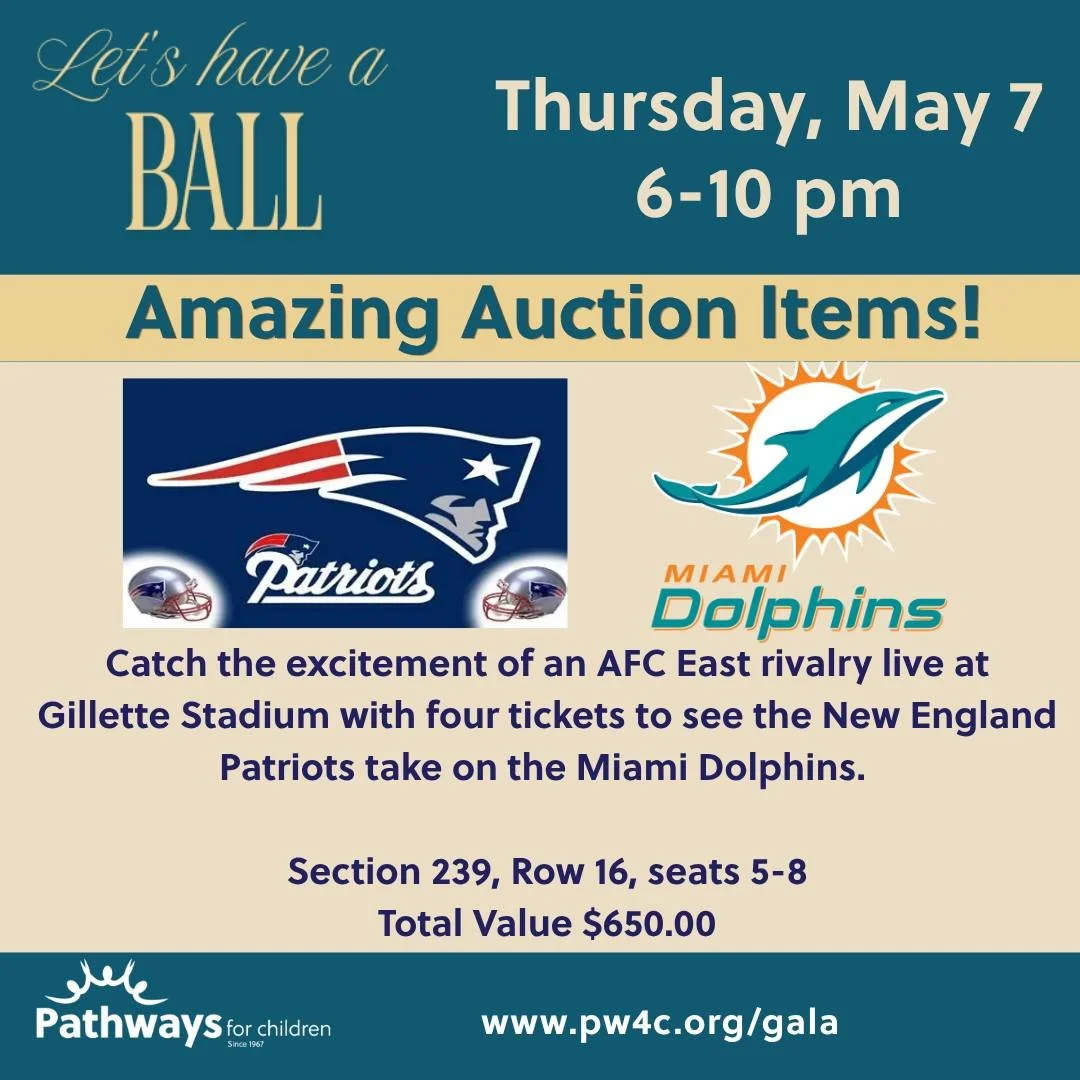 We&rsquo;re thrilled for our upcoming Let&rsquo;s Have a Ball Gala- Take a look at one of our exciting auction items: tickets for the Patriots vs. the Miami Dolphins!

It's not too late to attend -visit www.pw4c.org/gala more information. 

#letshave