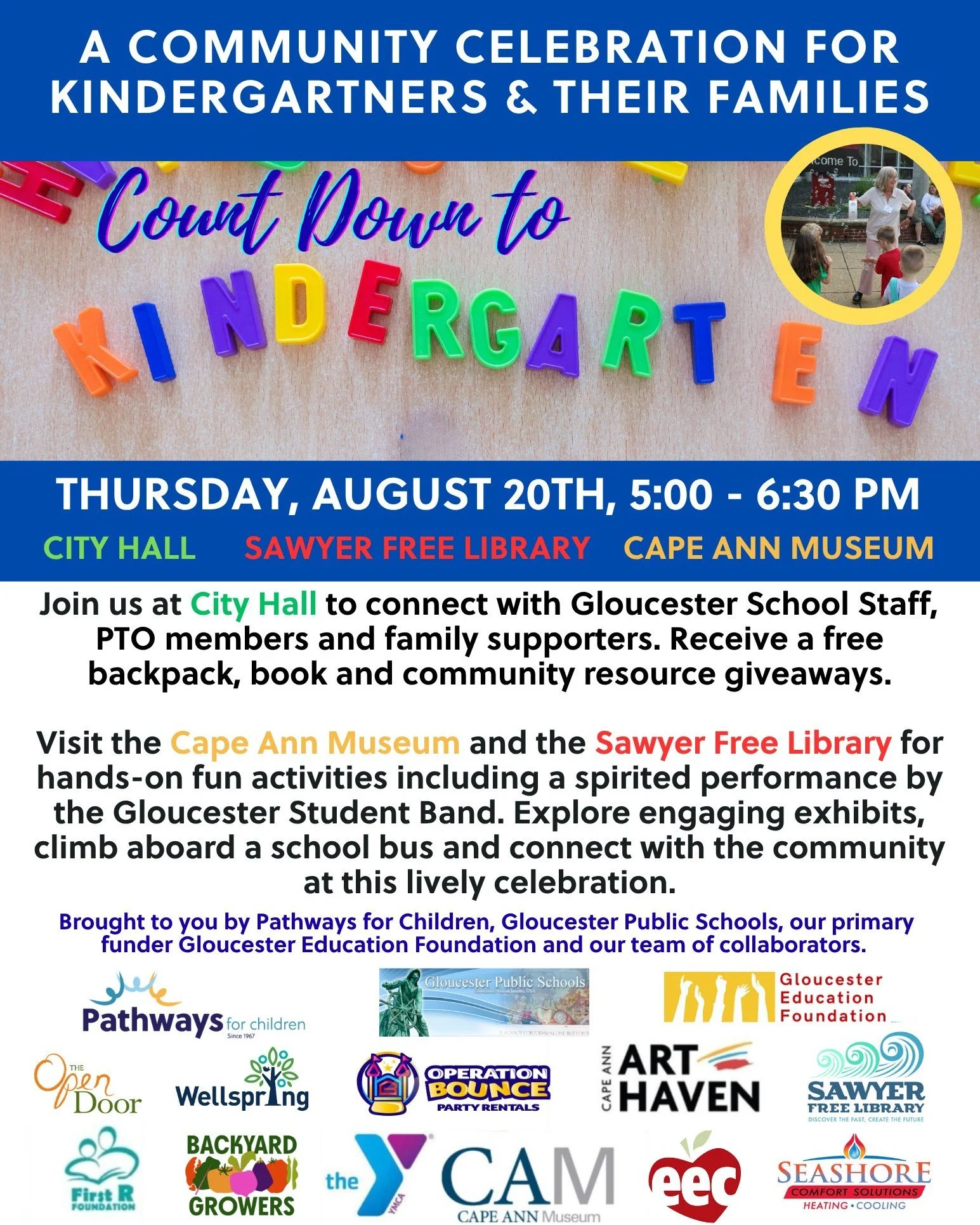 Save-the-Date: Countdown to Kindergarten takes place on Thursday, August 20th, from 5-6:30 pm at City Hall with activities at the Cape Ann Museum and the Sawyer Free Library. 🎉✏️📚🎨
