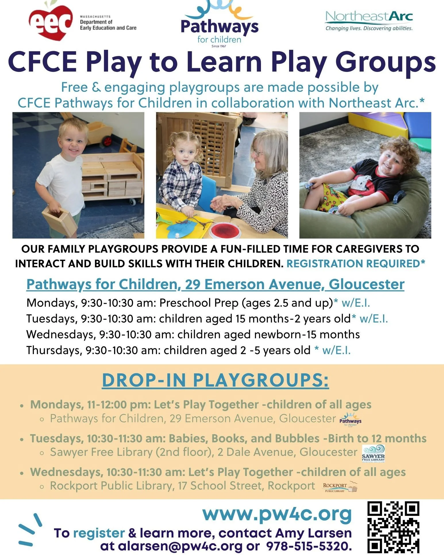 Our Play to Learn Playgroups are FREE and offer a fun-filled time for caregivers and their children. Learn more at www.pw4c.org/play-to-learn-playgroups or email alarsen@pw4c.org.