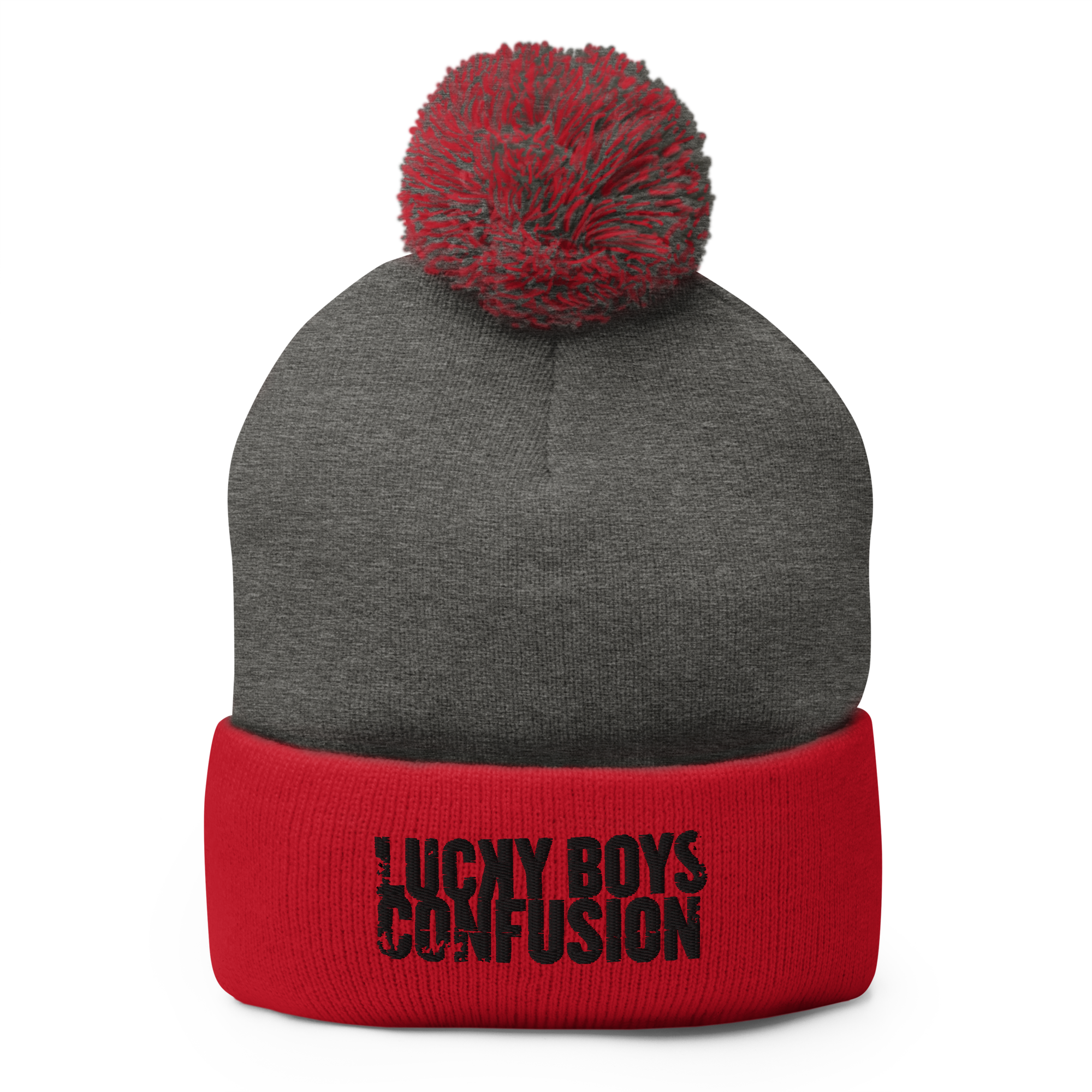 Lucky Boys Confusion Pom-Pom Dark Heather Grey, Red & Black Knit Beanie Cap-1.png