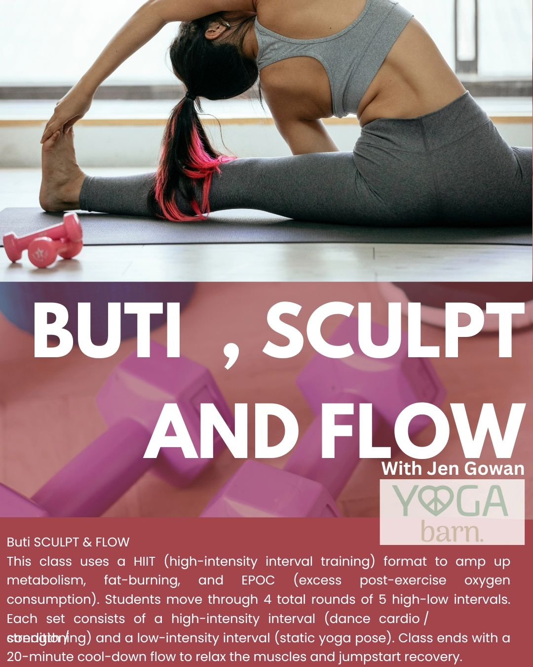 Announcing 📢📢📢📢

Our newest class 🙌 🙌 😍 👏 

Buti SCULPT &amp; FLOW

With @jaygow Jen Gowan!!

This class uses a HIIT (high-intensity interval training) format to amp up metabolism, fat-burning, and EPOC (excess post-exercise oxygen consumptio