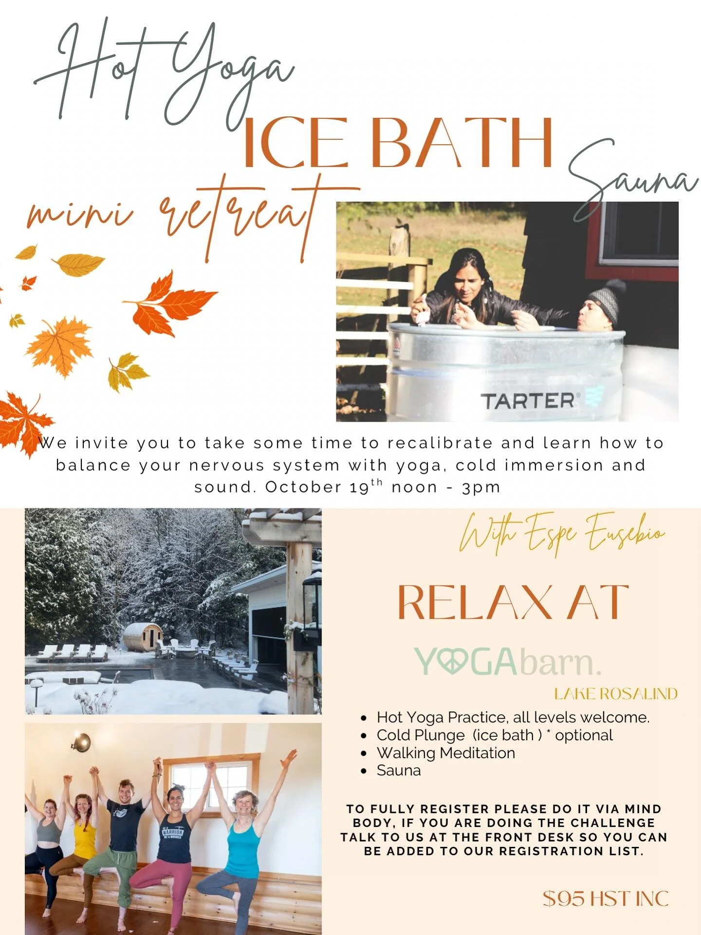 🔥🍂 CONTRAST THERAPY 🍂❄️

 Mini Retreat 🧘🏽&zwj;♀️❄️🔥

♨️Hot Yoga &bull; Ice Bath🧊 &bull; Sauna🫶🏼

Take some time to recalibrate and restore your body and mind this fall. 3 hrs on a Sunday just for YOU! 

Join us for an afternoon of balance, g