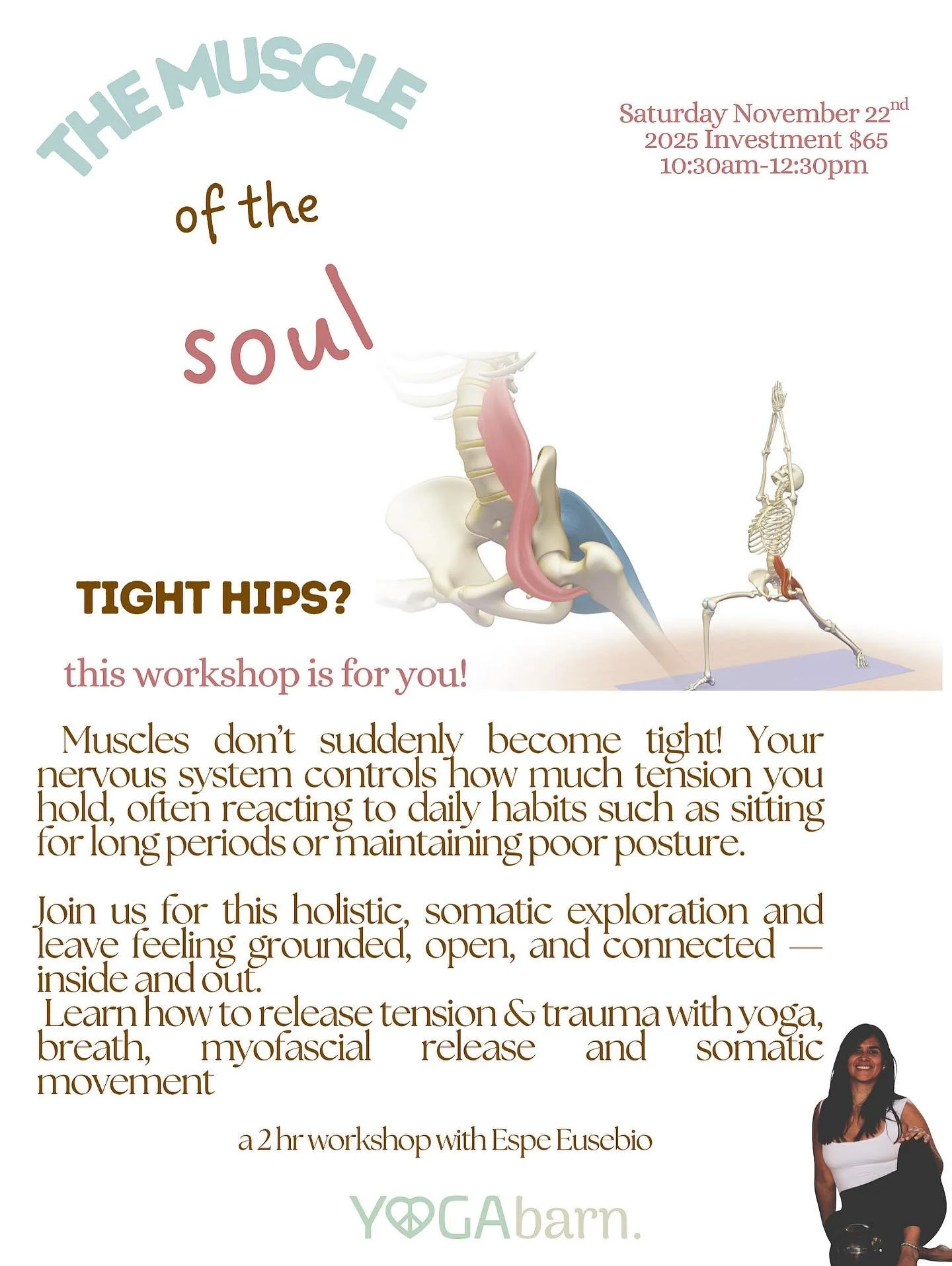 Tight hips? Digestive issues? Difficulty breathing? ๐ฎ‍๐จ all of the above? โ๐ผ 
You must come to this workshop!
The psoas is a deep, powerful muscle that connects your spine to your legs — often known as a hip flexor because it lifts the