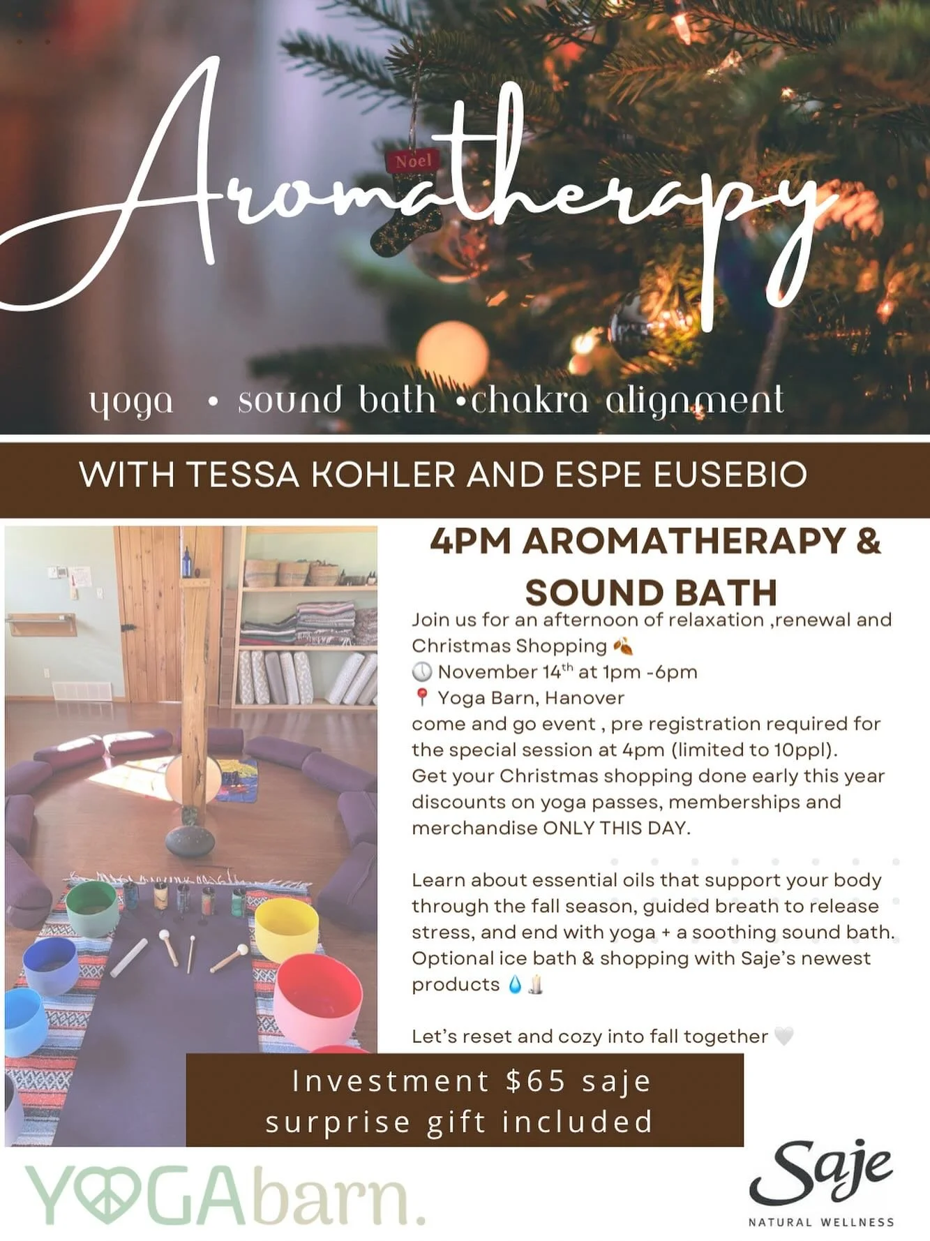 🎉 It&rsquo;s happening! Our biggest sale of the year is here! 🛍️

Join us Friday, November 14th from 1&ndash;5 pm for a cozy afternoon of shopping, wellness, and community at The Yoga Barn 🌿

✨ SAJE Wellness will be here with a special pop-up shop