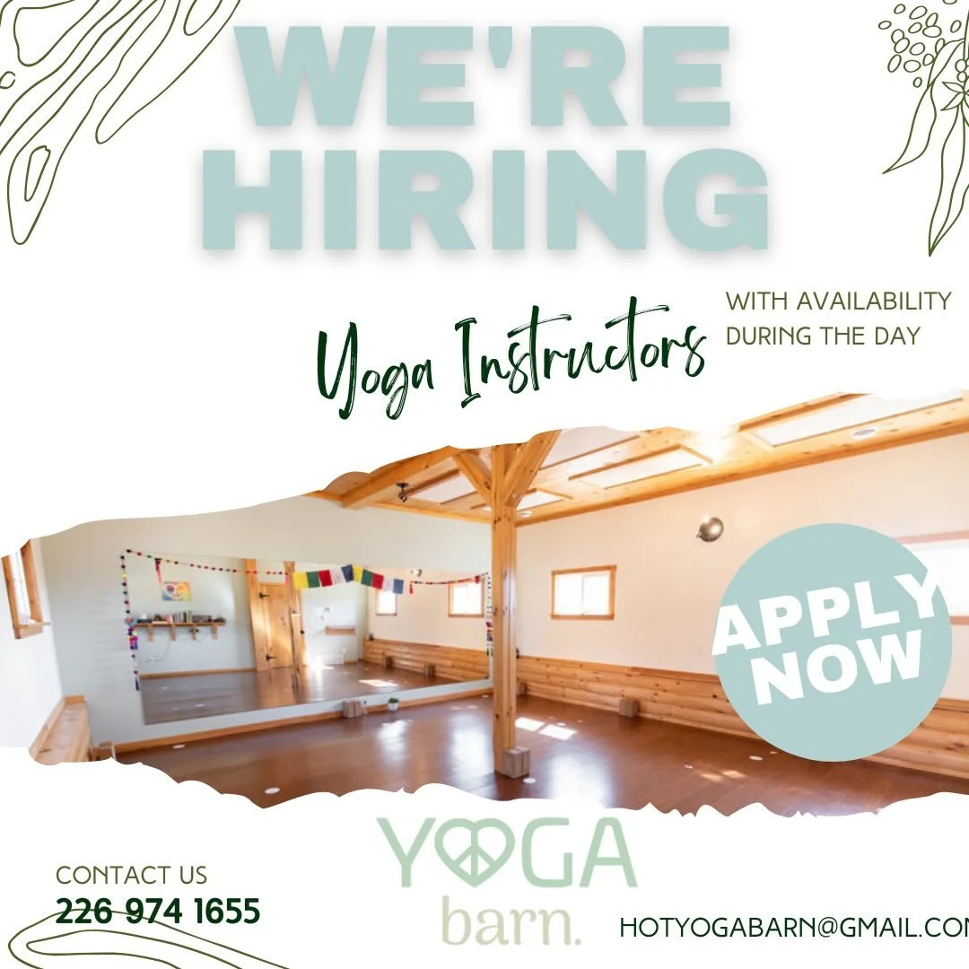 🧘&zwj;♀️ We&rsquo;re Hiring Yoga Instructors! 🌿

The Yoga Barn is looking for passionate and reliable yoga teachers to join our community! ✨

We currently need help covering classes during the day and around this times:

🕥 Monday 10:30 AM , Thursd