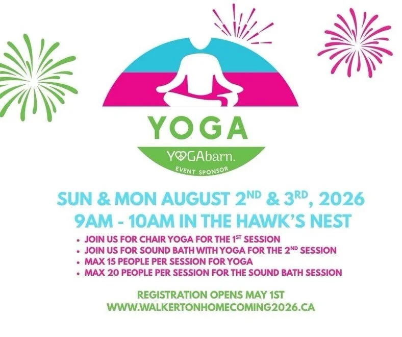 Our studio owner Esperanza will be offering yoga and a sound bath at the Walkerton Homecoming! 🙌🏻

Special Events Registration IS LIVE!!!

Please visit the website to register www.walkertonhomecoming2026.ca

Chair Yoga will be happening in the firs